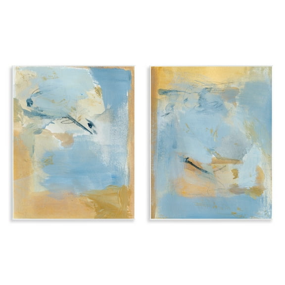 Stupell Industries Light Blue Pastel Gold Abstract Painting Unframed Art Print Wall Art, 11 x 14, Set of 2