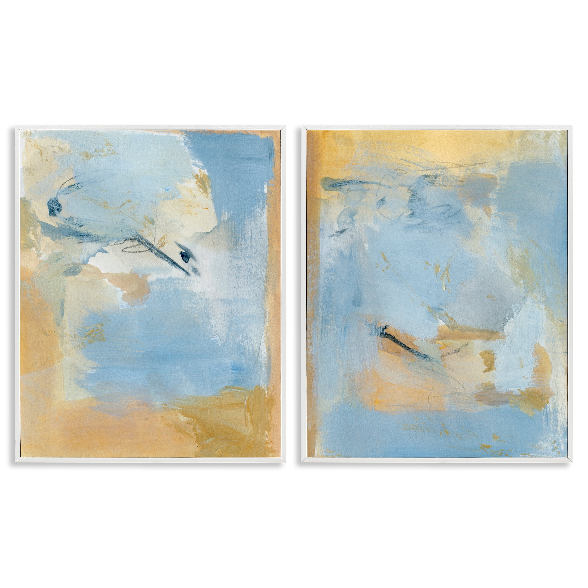 Stupell Industries Light Blue Pastel Gold Abstract Painting White Framed Art Print Wall Art, 16 x 20, Set of 2