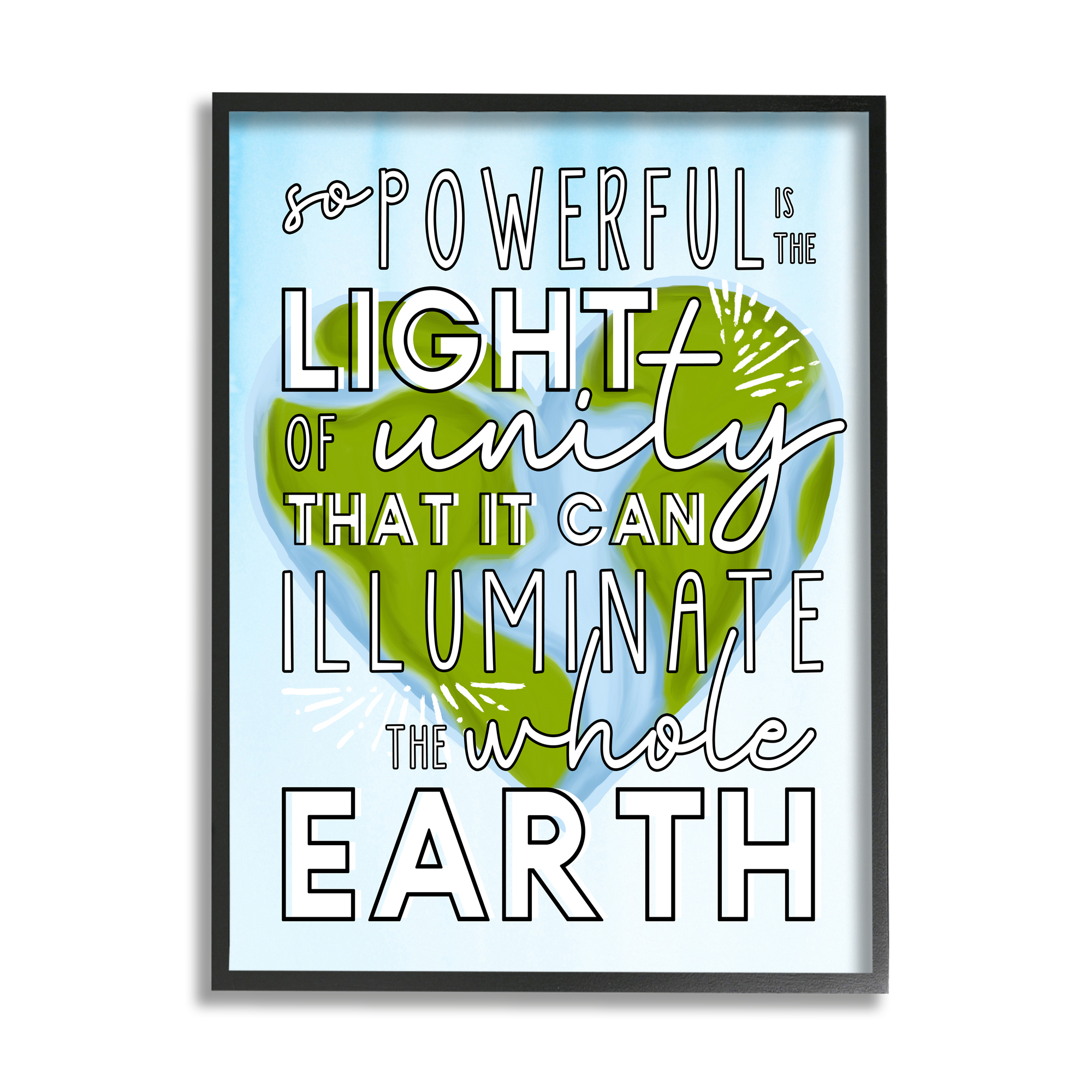 Stupell Industries Light Of Unity Phrase Heart Shaped Earth Typography Painting Black Framed Art Print Wall Art, 16 x 20