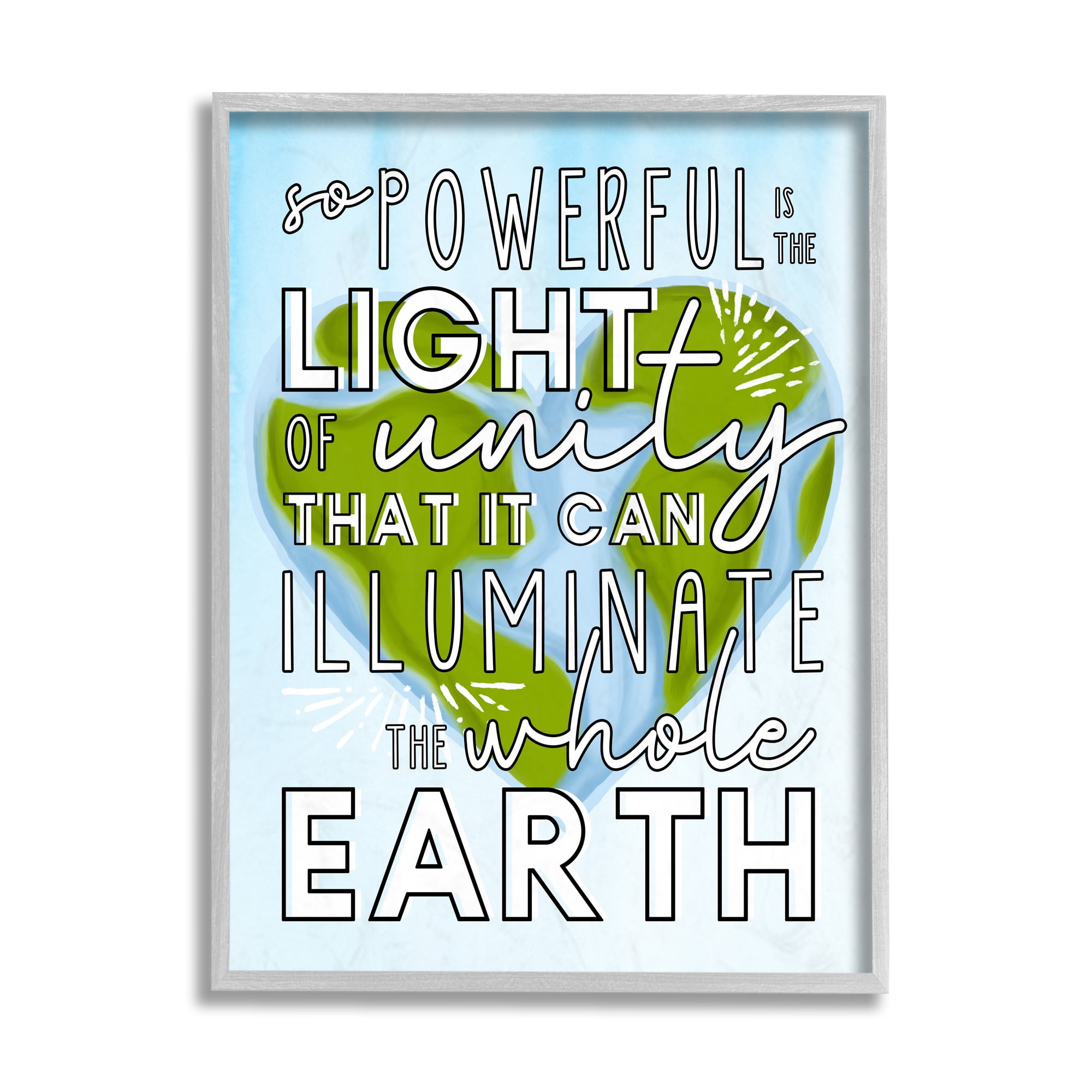 Stupell Industries Light Of Unity Phrase Heart Shaped Earth Typography Painting Gray Framed Art Print Wall Art, 11 x 14