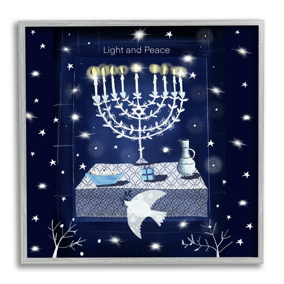 Stupell Industries Light & Peace Menorah Stars Holiday Painting Gray Framed Art Print Wall Art