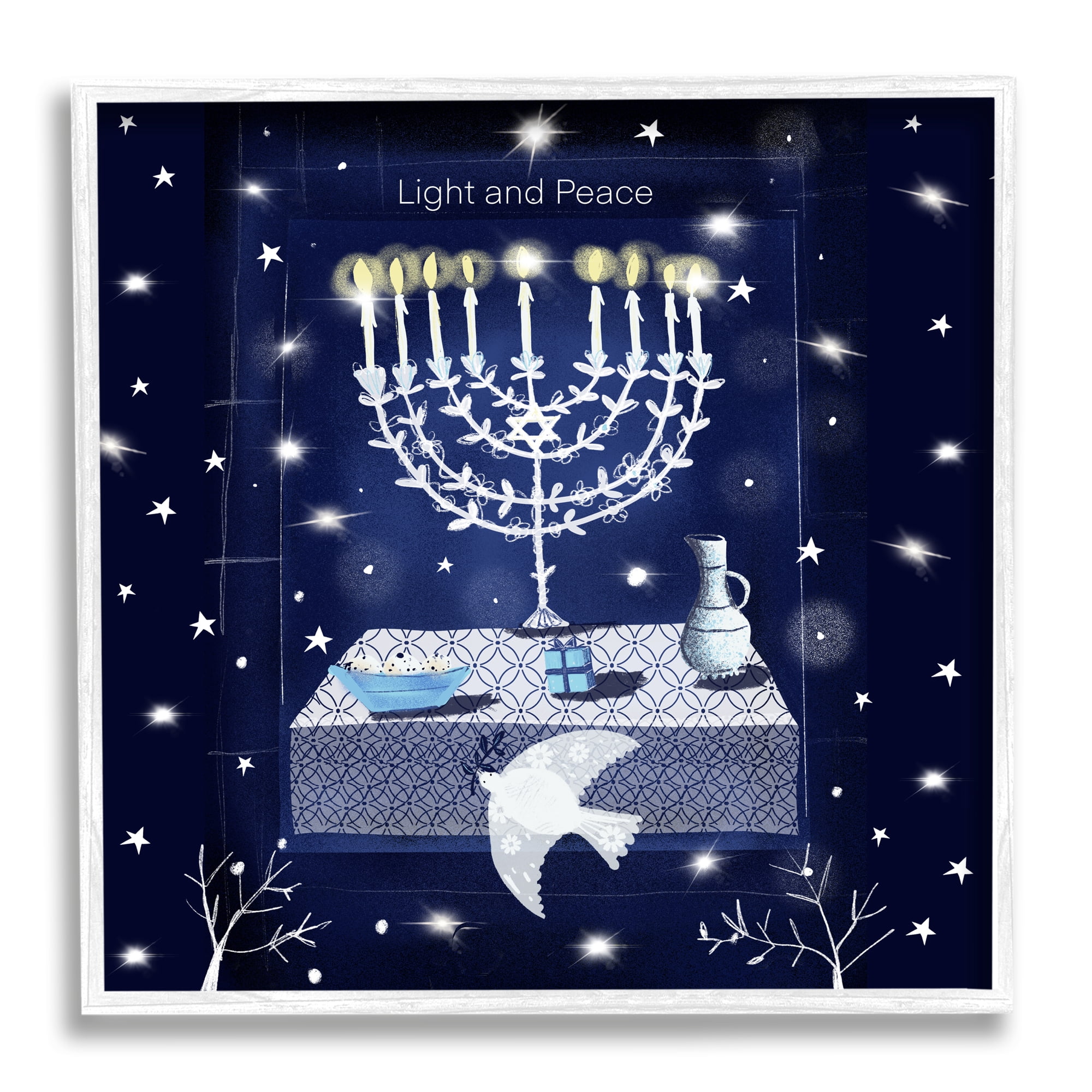 Stupell Industries Light & Peace Menorah Stars Holiday Painting White Framed Art Print Wall Art