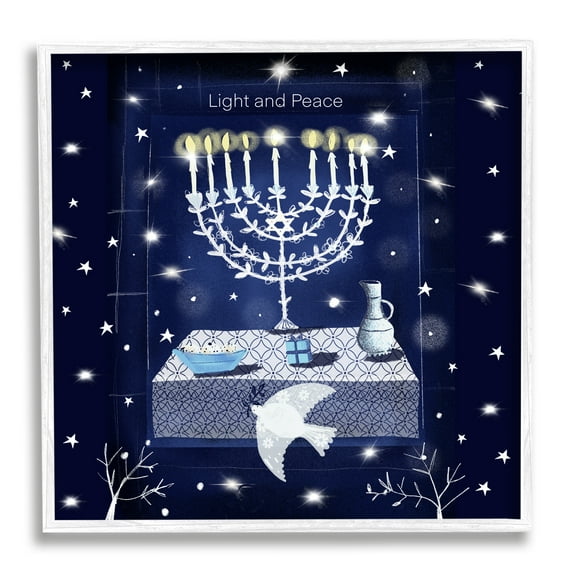 Stupell Industries Light & Peace Menorah Stars Holiday Painting White Framed Art Print Wall Art