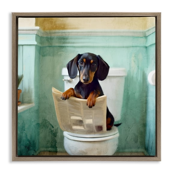 Stupell Industries Light Reading Dog Toilet Brown Framed Floater Canvas Wall Art design by Kim Allen, 18 x 18