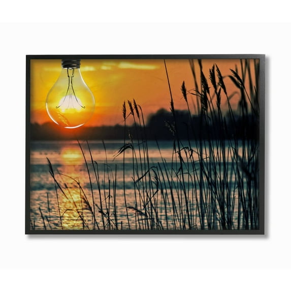Stupell Industries Lightbulb Sun Lake Reeds Photograph Black Framed Art Print Wall Art, 11x14, by Marcus Prime