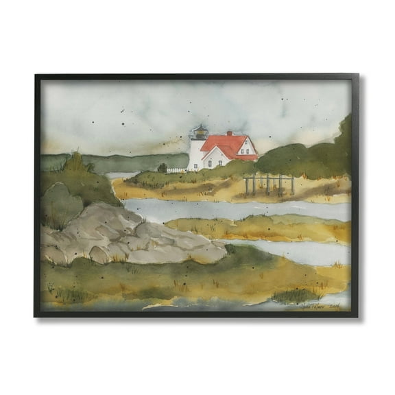 Stupell Industries Lighthouse Beacon Coastal Shore Landscape Painting Black Framed Art Print Wall Art