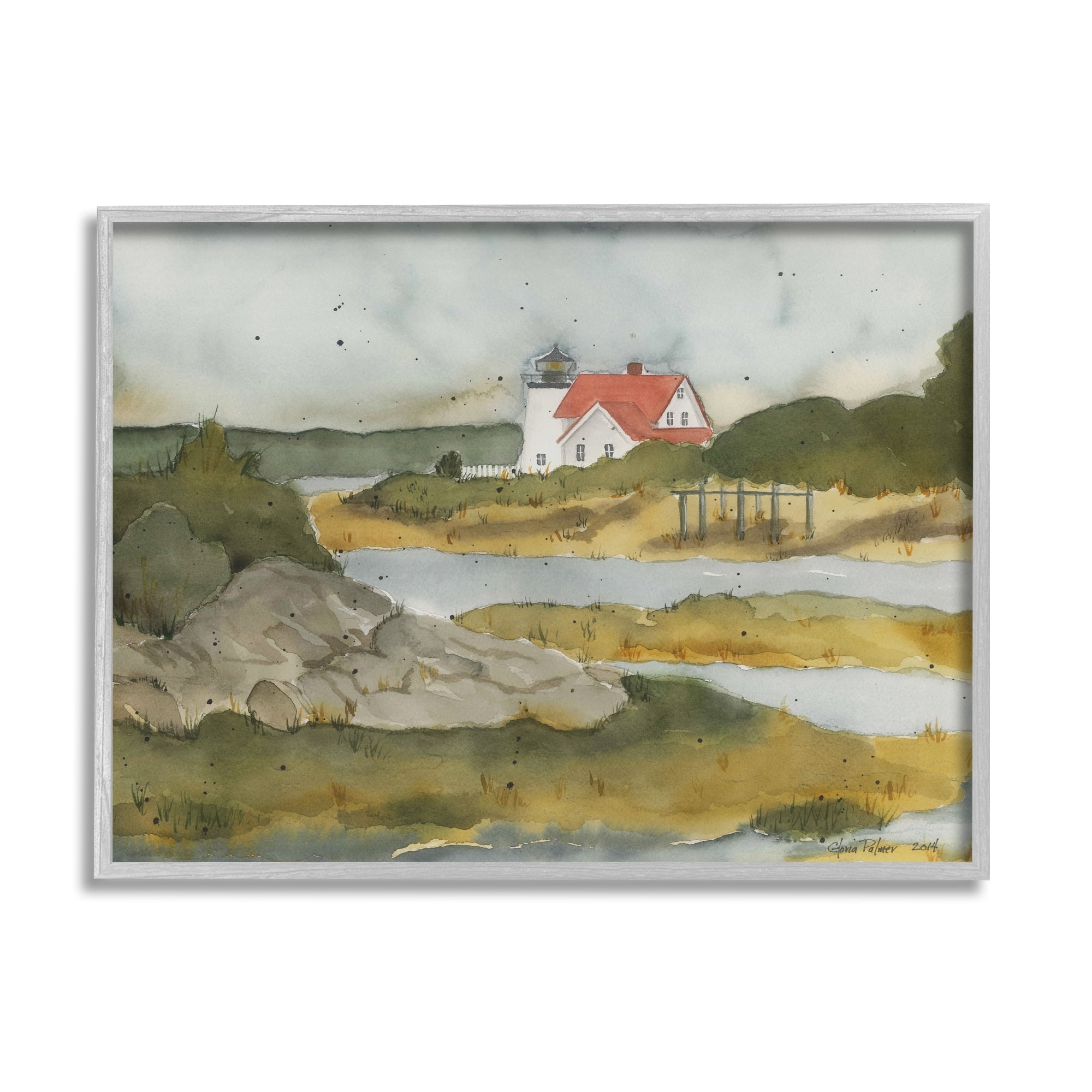 Stupell Industries Lighthouse Beacon Coastal Shore Landscape Painting Gray Framed Art Print Wall Art