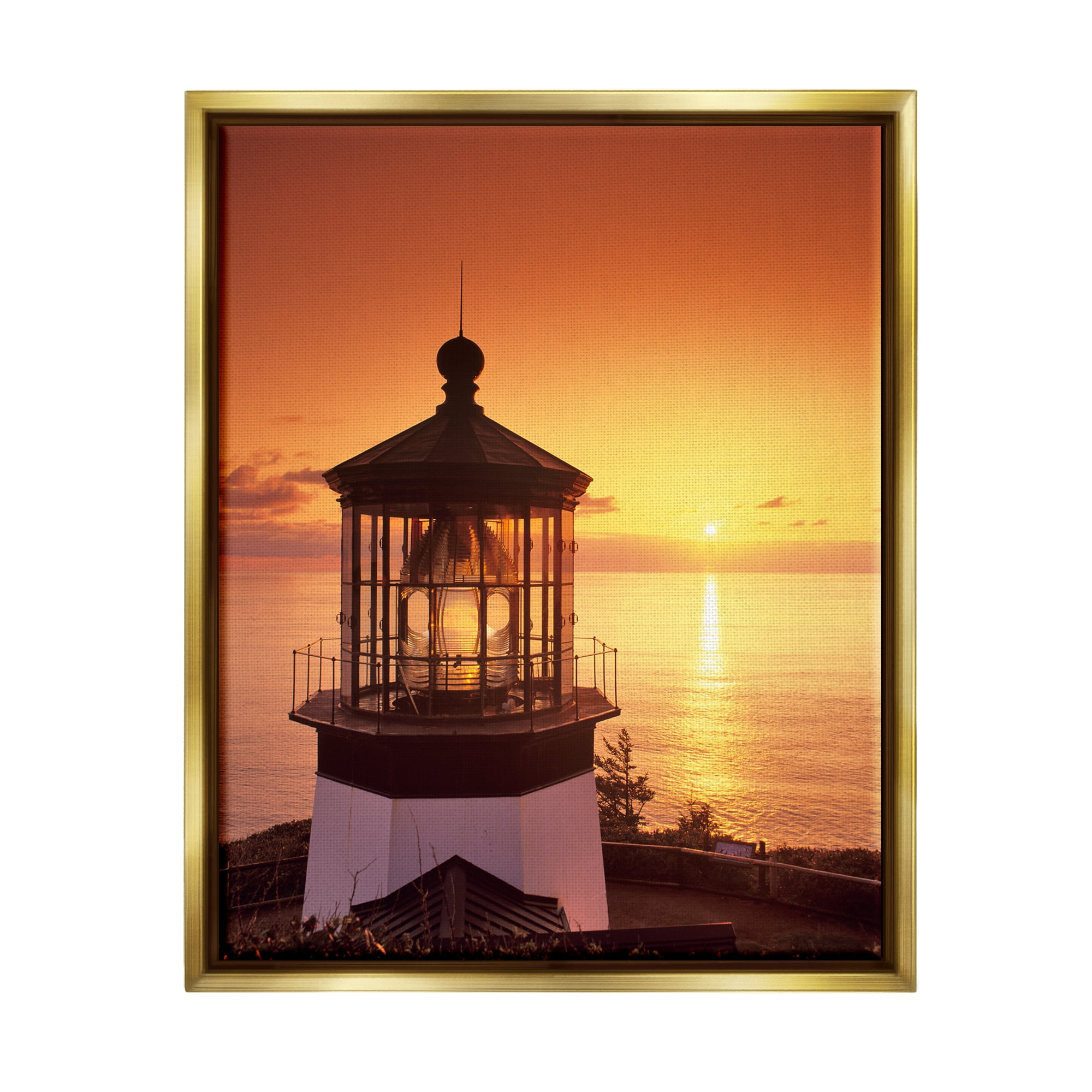 Stupell Industries Lighthouse Beacon at Sunset Nature Photography Gold Floater Framed Art Print Wall Art, 17 x 21
