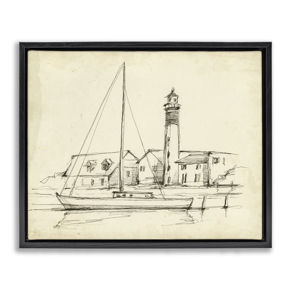 Stupell Industries Lighthouse & Boat Study Black Framed Floater Canvas Wall Art design by Ethan Harper, 25 x 31