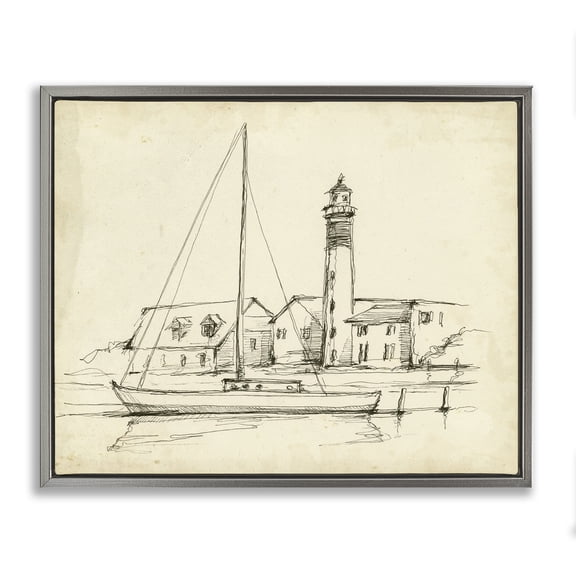 Stupell Industries Lighthouse & Boat Study Gray Framed Floater Canvas Wall Art design by Ethan Harper, 25 x 31