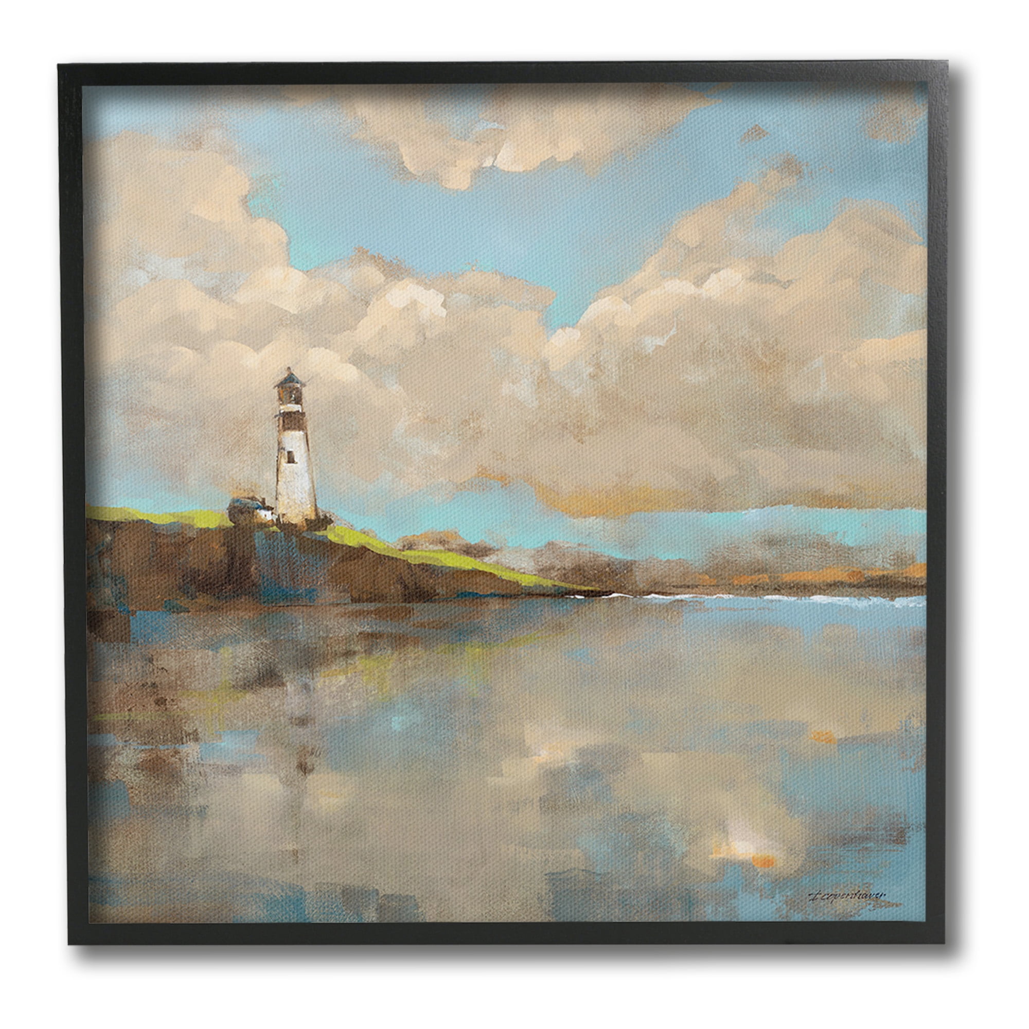 Stupell Industries Lighthouse & Clouds Reflection Landscape Painting Black Framed Art Print Wall Art, 12 x 12