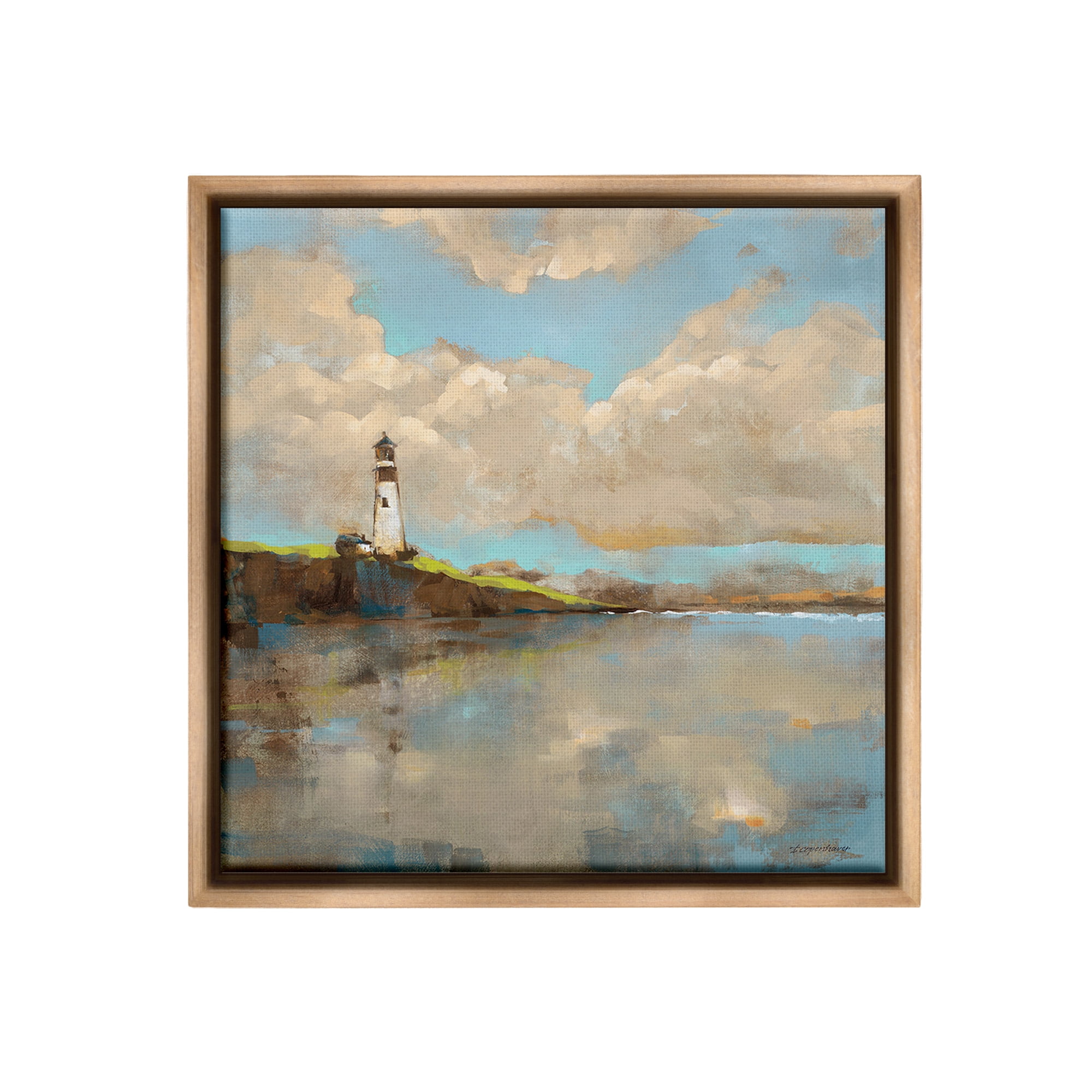Stupell Industries Lighthouse & Clouds Reflection Landscape Painting Brown Floater Framed Canvas Art Print Wall Art, 18 x 18
