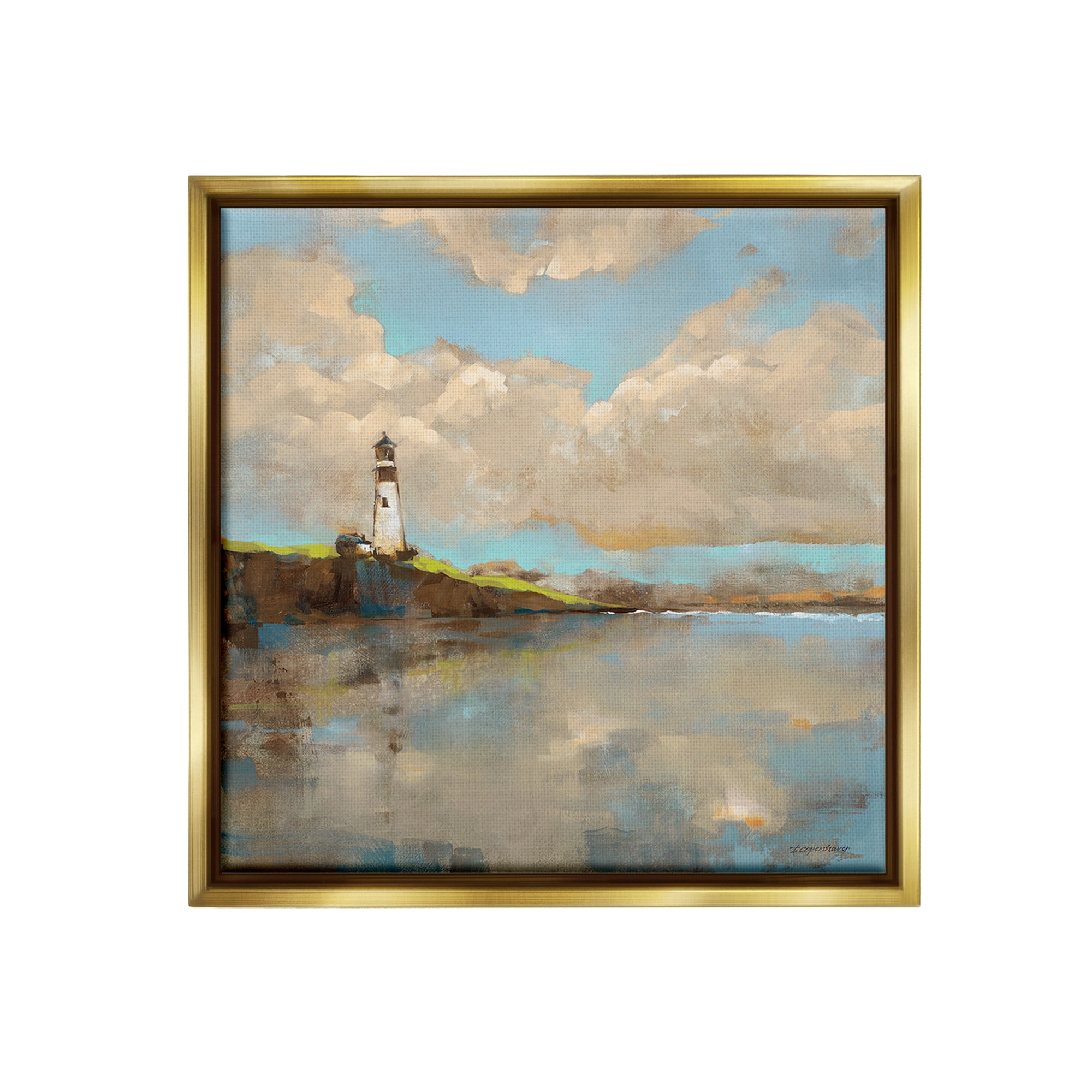 Stupell Industries Lighthouse & Clouds Reflection Landscape Painting Gold Floater Framed Canvas Art Print Wall Art, 18 x 18