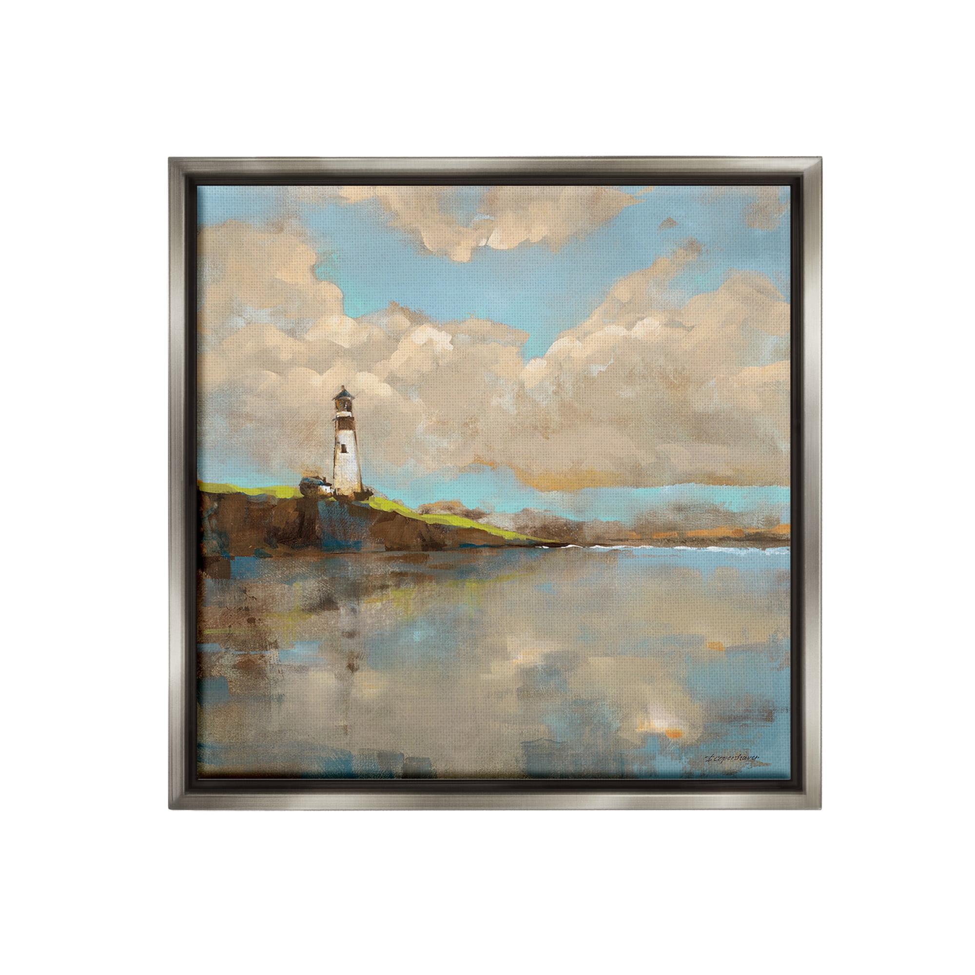 Stupell Industries Lighthouse & Clouds Reflection Landscape Painting Gray Floater Framed Canvas Art Print Wall Art, 18 x 18