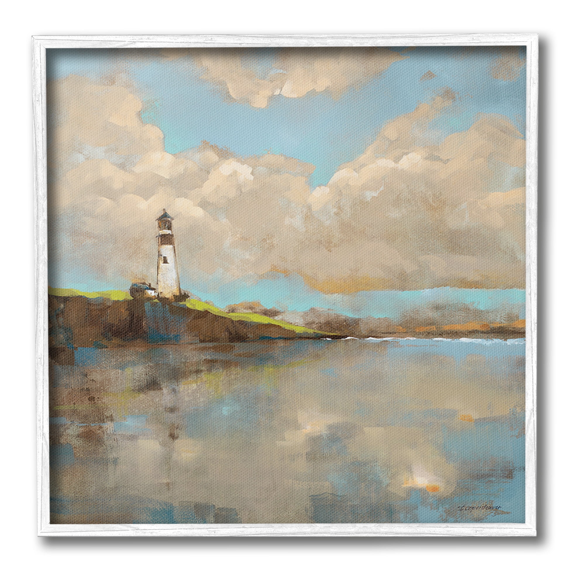 Stupell Industries Lighthouse & Clouds Reflection Landscape Painting White Framed Art Print Wall Art, 24 x 24