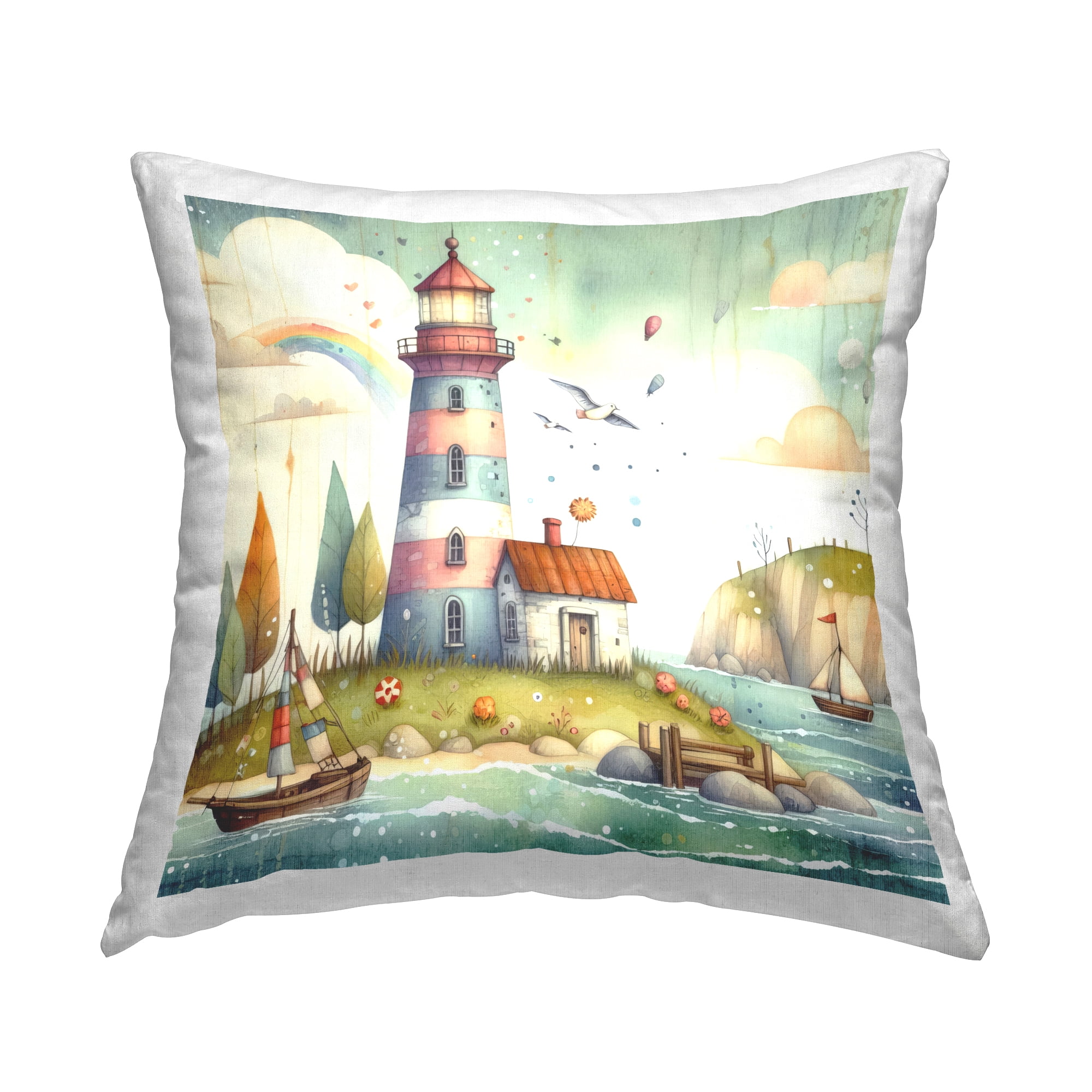 Stupell Industries Lighthouse Cottage Scenery Decorative Printed Throw Pillow Design by LSR Design Studio.