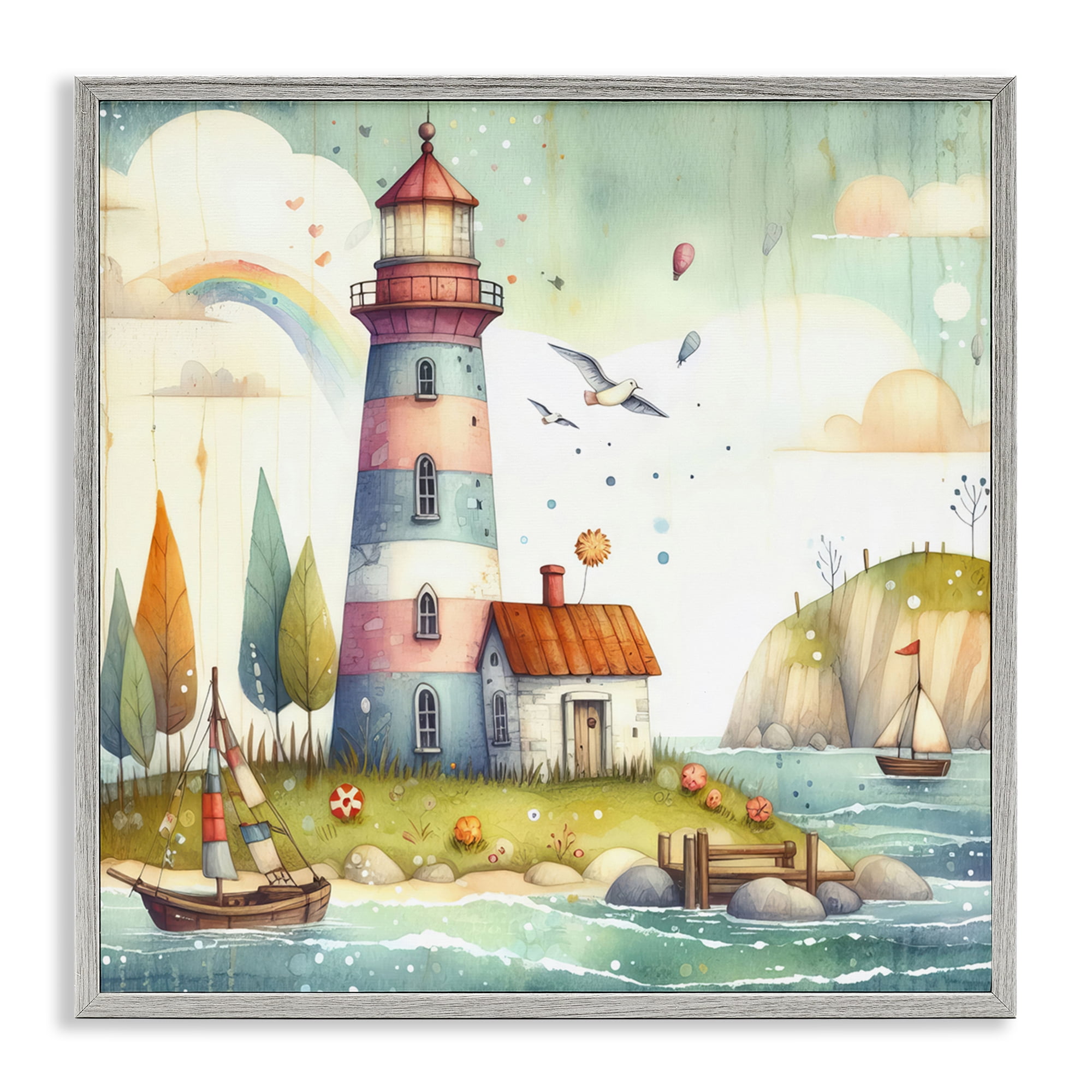 Stupell Industries Lighthouse Cottage Scenery Nautical & Beach Painting Gray Framed Art Print Wall Art, 12 x 12