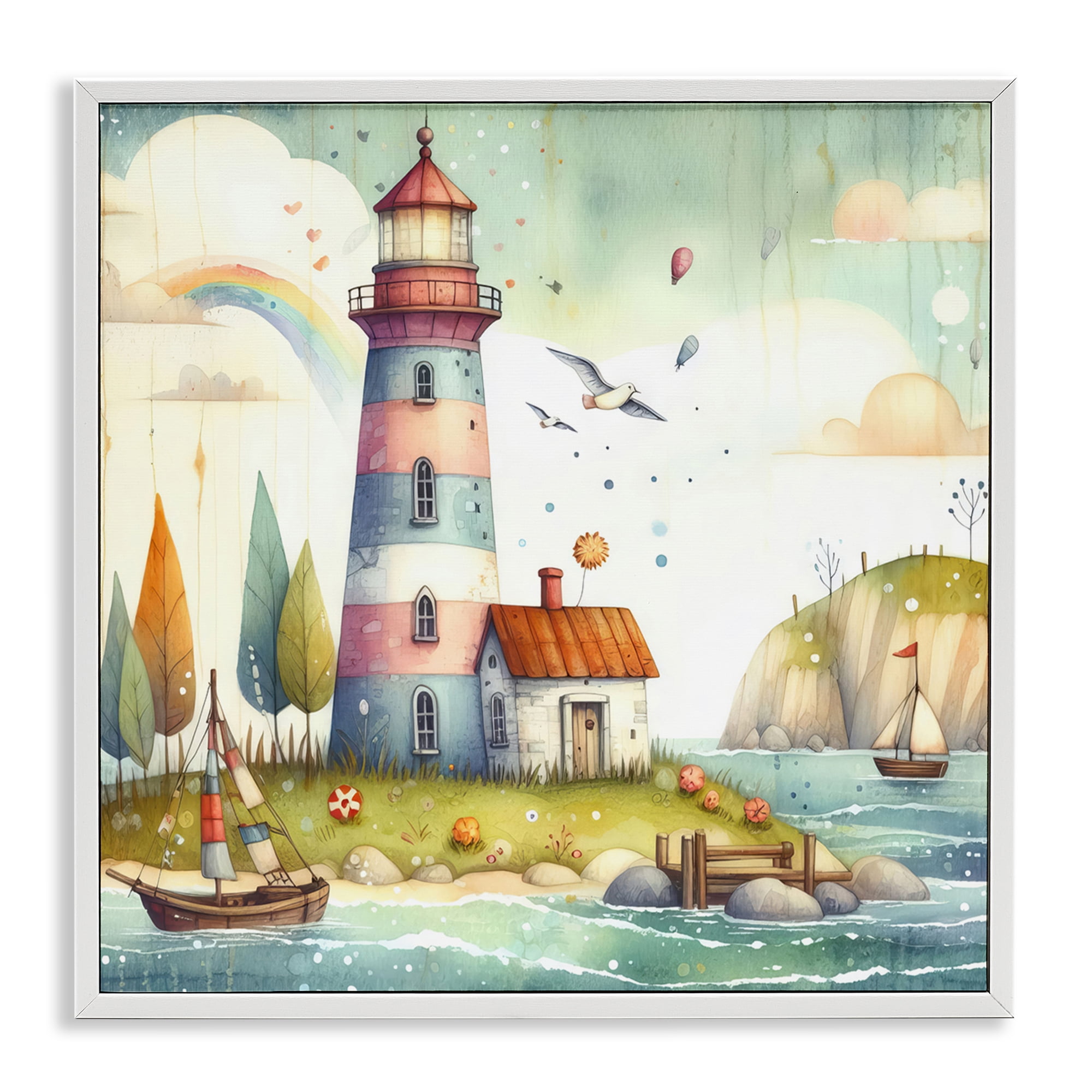 Stupell Industries Lighthouse Cottage Scenery Nautical & Beach Painting White Framed Art Print Wall Art, 12 x 12