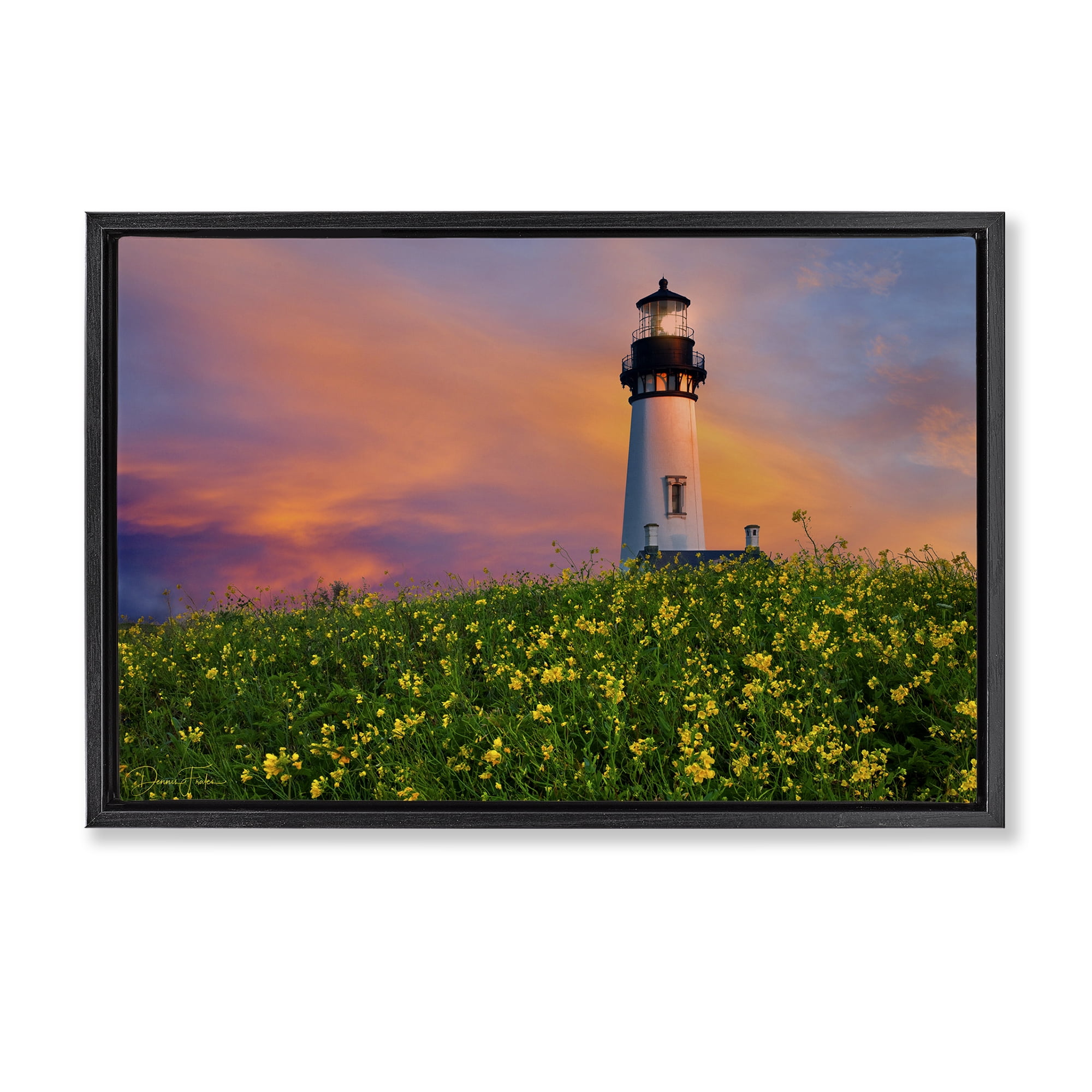 Stupell Industries Lighthouse & Floral Meadow Coastal Photography Black Floater Framed Canvas Art Print Wall Art, 25 x 17