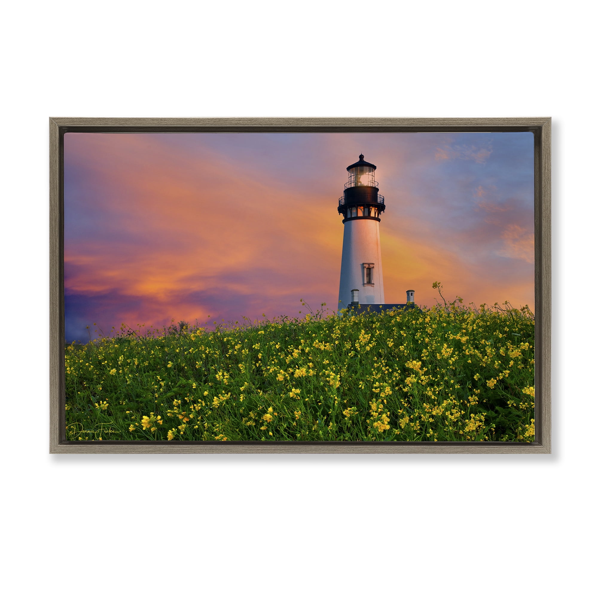 Stupell Industries Lighthouse & Floral Meadow Coastal Photography Brown Floater Framed Canvas Art Print Wall Art, 25 x 17