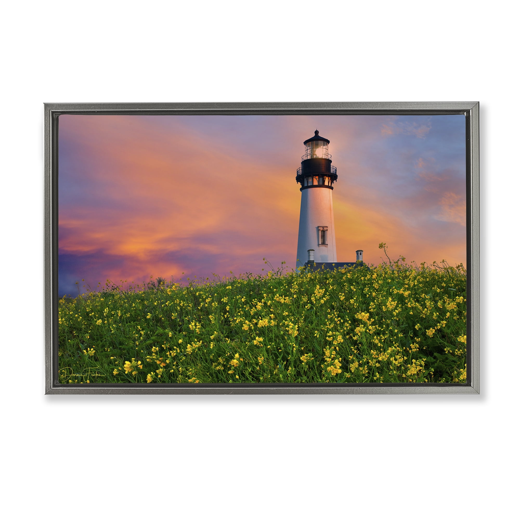 Stupell Industries Lighthouse & Floral Meadow Coastal Photography Gray Floater Framed Canvas Art Print Wall Art, 31 x 21