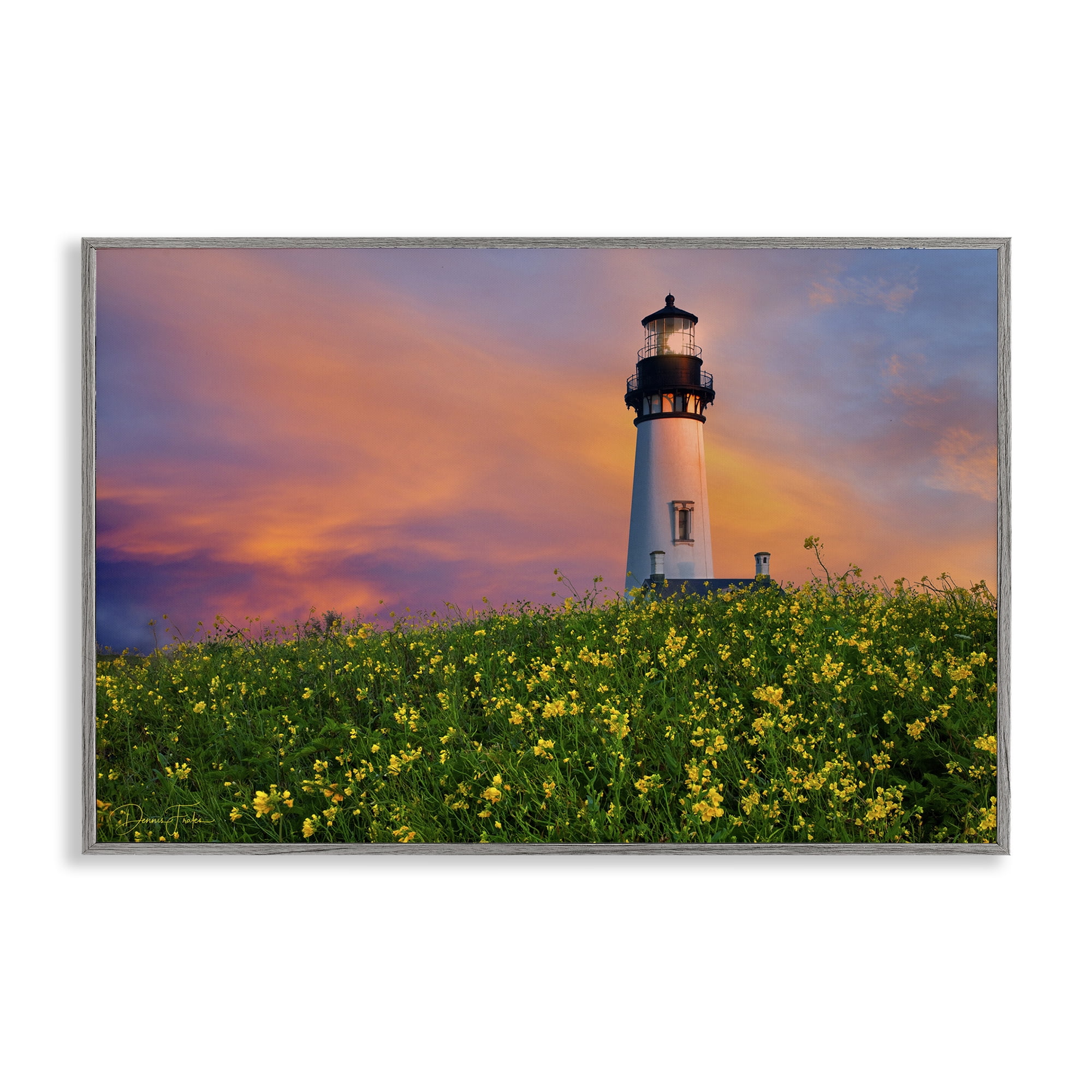 Stupell Industries Lighthouse & Floral Meadow Coastal Photography Gray Framed Art Print Wall Art, 18 x 12