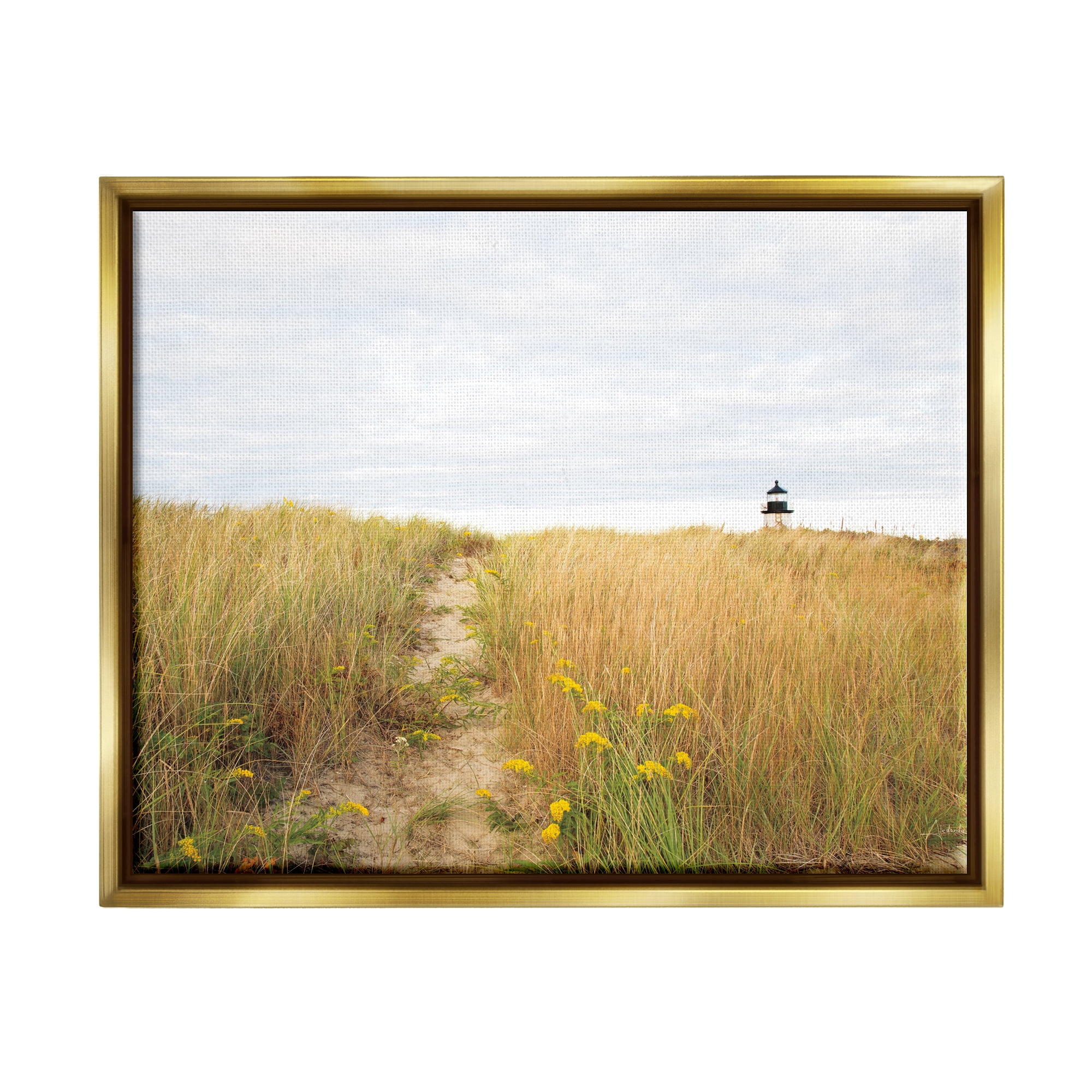 Stupell Industries Lighthouse Grassland Scenery Nature Photography Gold Floater Framed Art Print Wall Art, 31 x 25