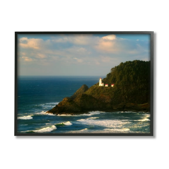 Stupell Industries Lighthouse Ocean Cliffs Nature Photography Black Framed Art Print Wall Art, 14 x 11