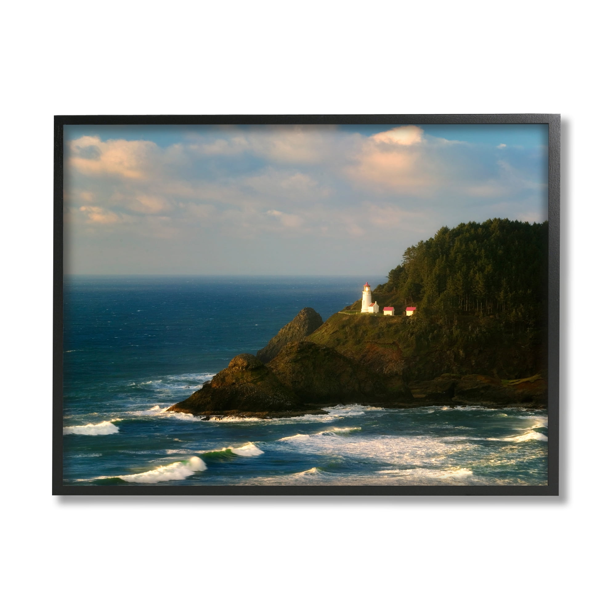 Stupell Industries Lighthouse Ocean Cliffs Nature Photography Black Framed Art Print Wall Art, 20 x 16