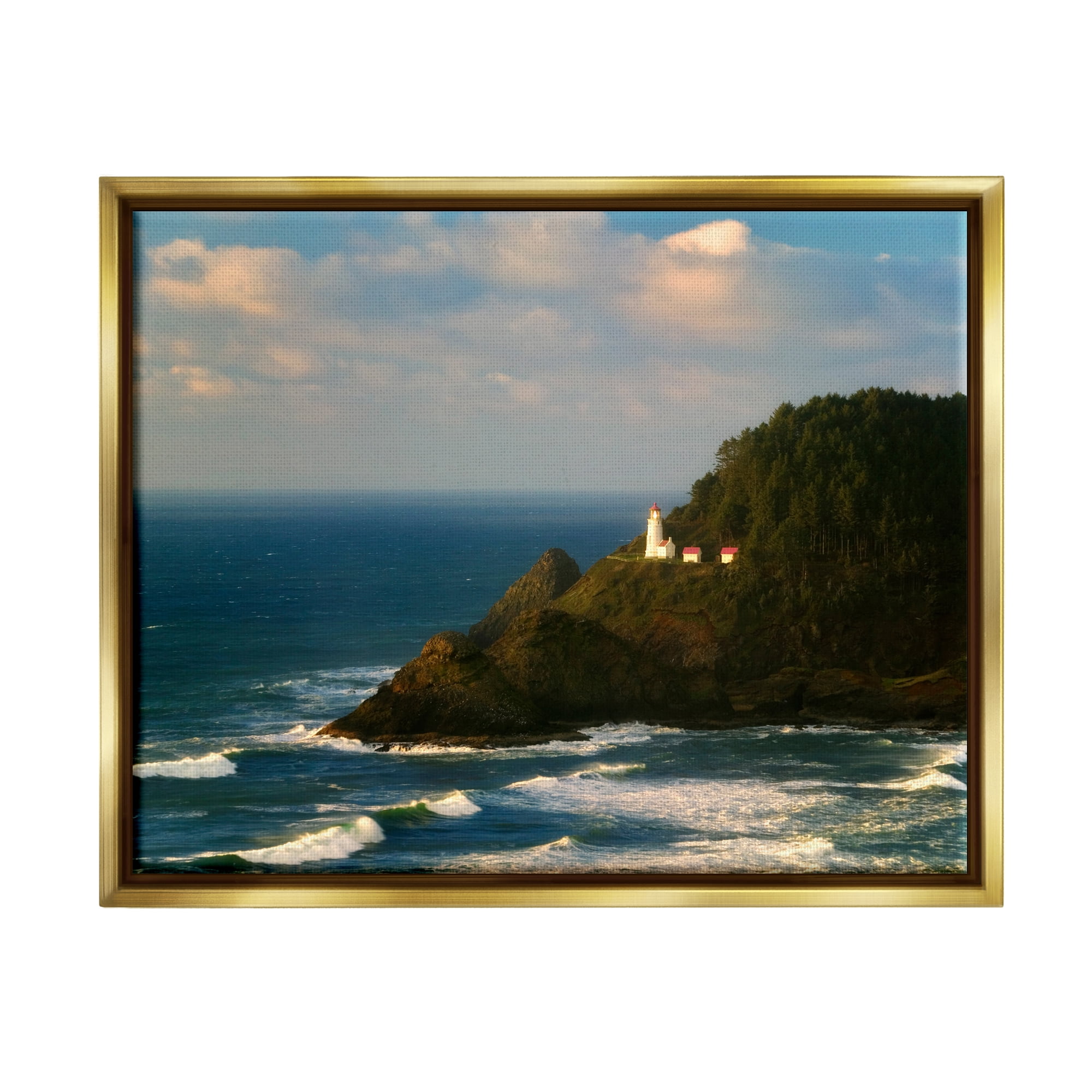 Stupell Industries Lighthouse Ocean Cliffs Nature Photography Gold Floater Framed Art Print Wall Art, 31 x 25