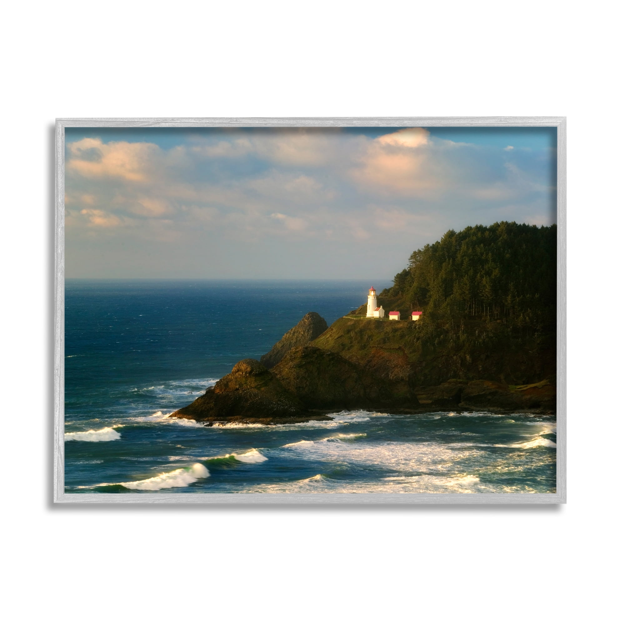 Stupell Industries Lighthouse Ocean Cliffs Nature Photography Gray Framed Art Print Wall Art, 20 x 16
