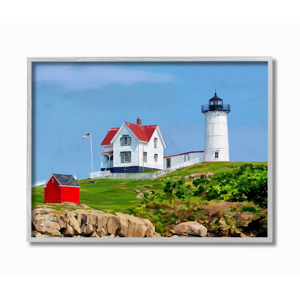 Stupell Industries Lighthouse On Hill Green Blue Coastal Painting Framed Wall Art by Emily Kalina