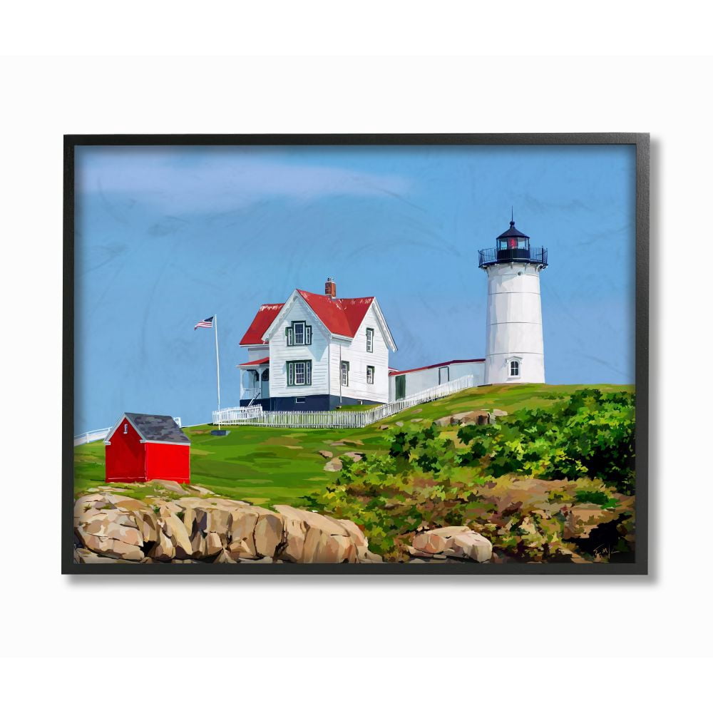 Stupell Industries Lighthouse On Hill Green Blue Coastal Painting Framed Wall Art by Emily Kalina