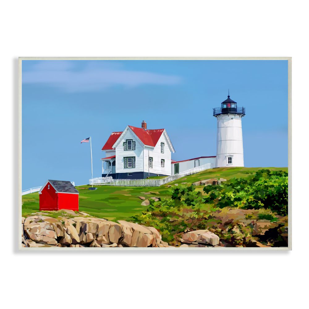 Stupell Industries Lighthouse On Hill Green Blue Coastal Painting Wall Plaque by Emily Kalina
