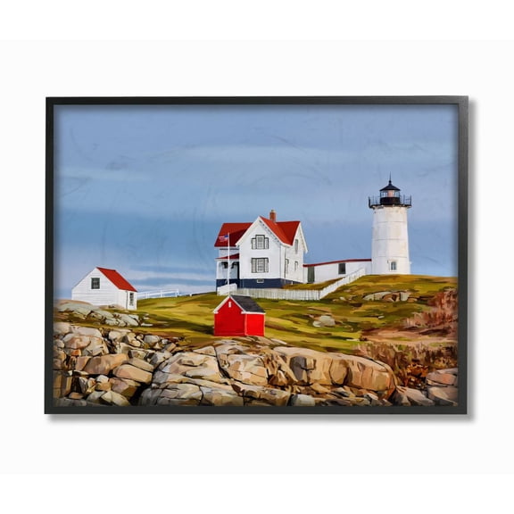 Stupell Industries Lighthouse On Hill Green Red Coastal Painting Framed Wall Art by Emily Kalina
