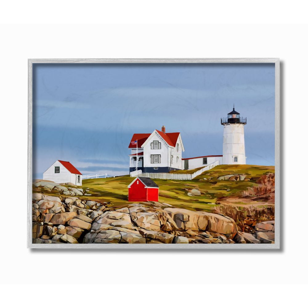 Stupell Industries Lighthouse On Hill Green Red Coastal Painting Framed Wall Art by Emily Kalina