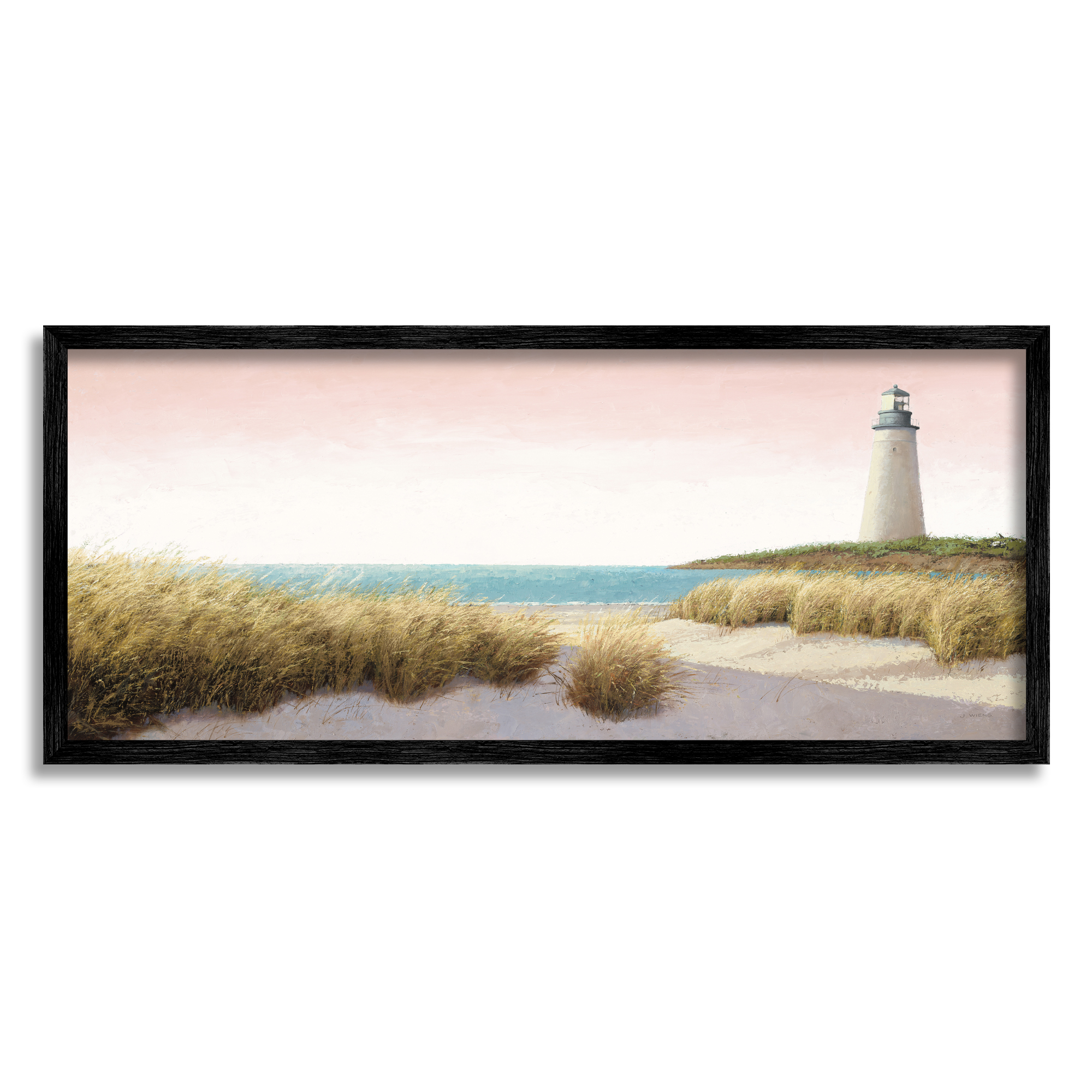 Stupell Industries Lighthouse & Pink Sunset Nature Painting Black Framed Art Print Wall Art, 24 x 10