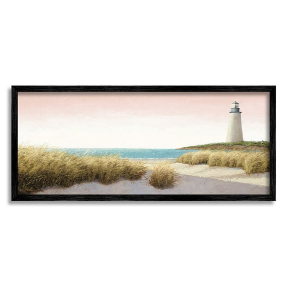 Stupell Industries Lighthouse & Pink Sunset Nature Painting Black Framed Art Print Wall Art, 30 x 13