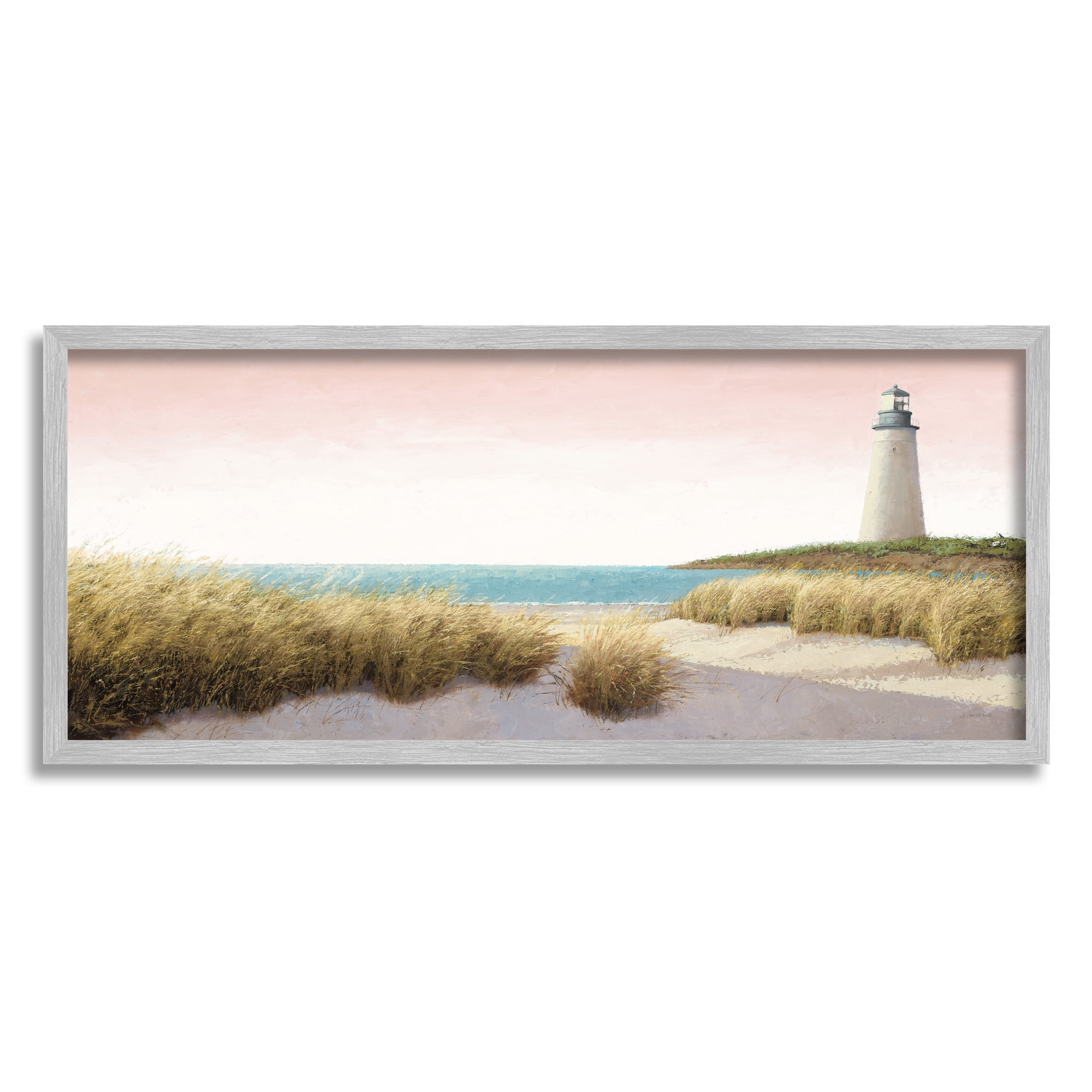 Stupell Industries Lighthouse & Pink Sunset Nature Painting Gray Framed Art Print Wall Art, 24 x 10