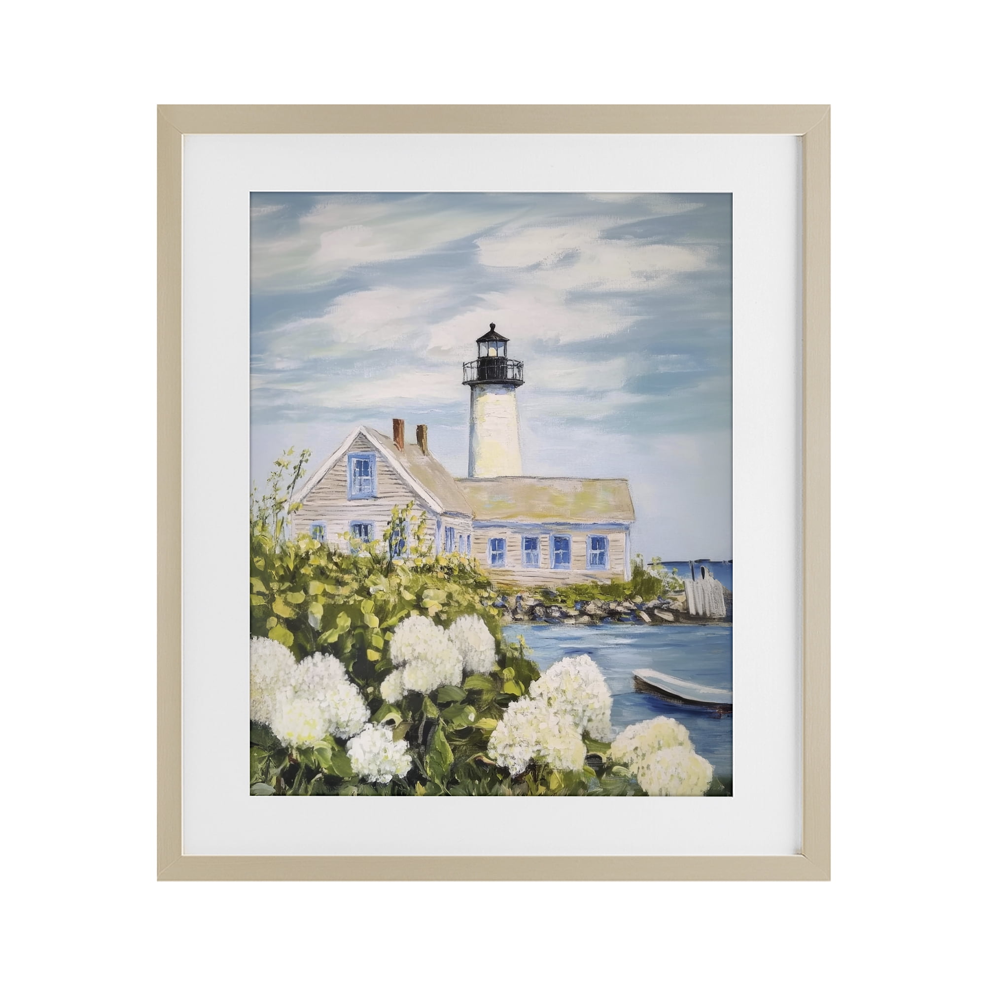 Stupell Industries Lighthouse Scenery with Hydrangeas Birch Framed Print Under Glass, design by Sisi and Seb
