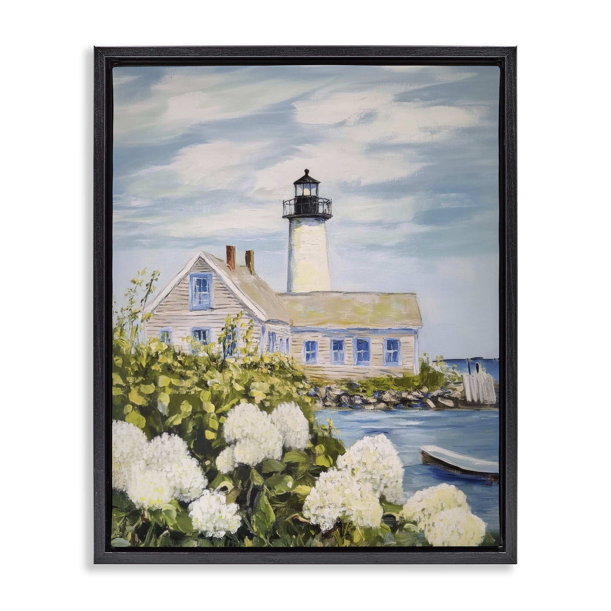 Stupell Industries Lighthouse Scenery with Hydrangeas Black Framed Floater Canvas Wall Art, design by Sisi and Seb