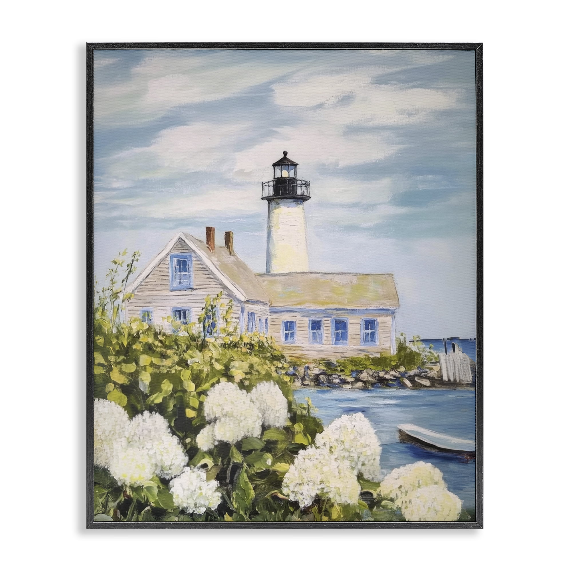 Stupell Industries Lighthouse Scenery with Hydrangeas Black Framed Giclee Art, design by Sisi and Seb