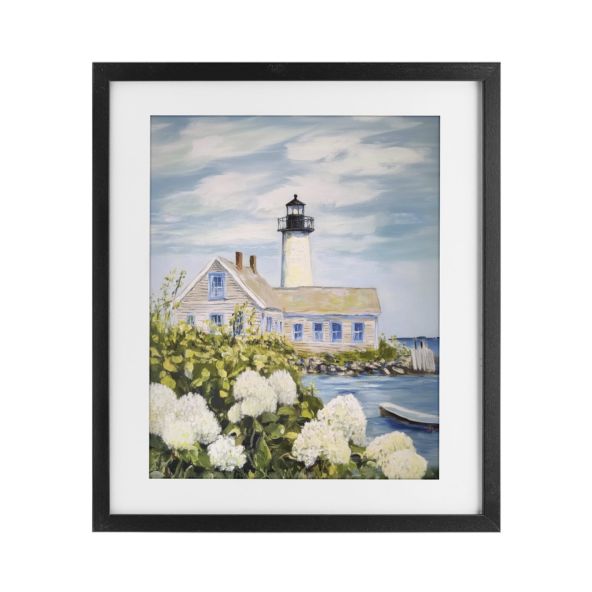 Stupell Industries Lighthouse Scenery with Hydrangeas Black Framed Print Under Glass, design by Sisi and Seb