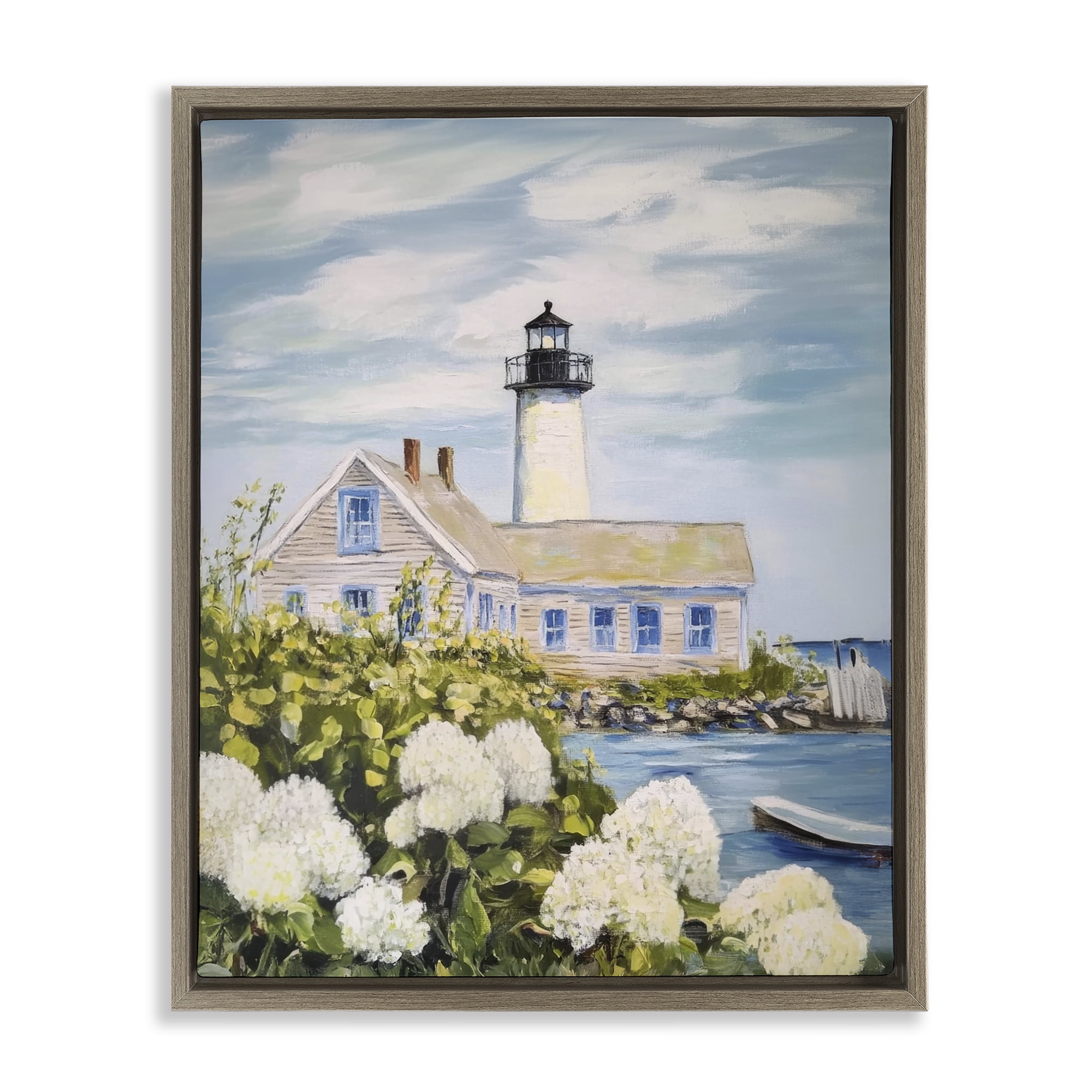 Stupell Industries Lighthouse Scenery with Hydrangeas Brown Framed Floater Canvas Wall Art, design by Sisi and Seb