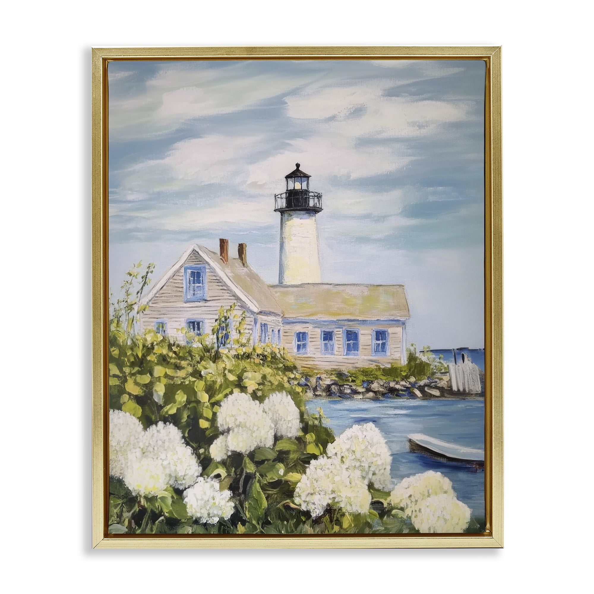 Stupell Industries Lighthouse Scenery with Hydrangeas Gold Framed Floater Canvas Wall Art, design by Sisi and Seb