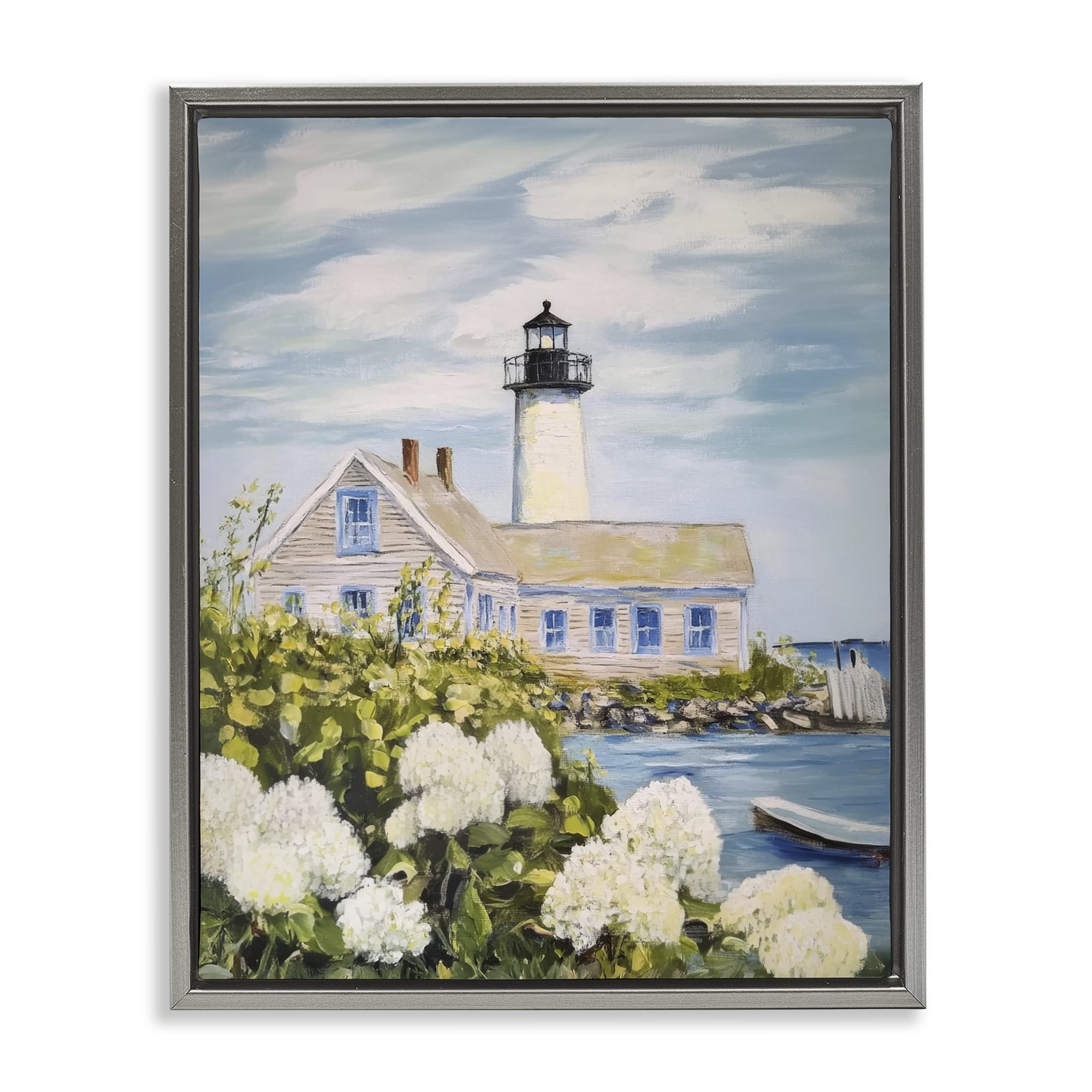 Stupell Industries Lighthouse Scenery with Hydrangeas Gray Framed Floater Canvas Wall Art, design by Sisi and Seb