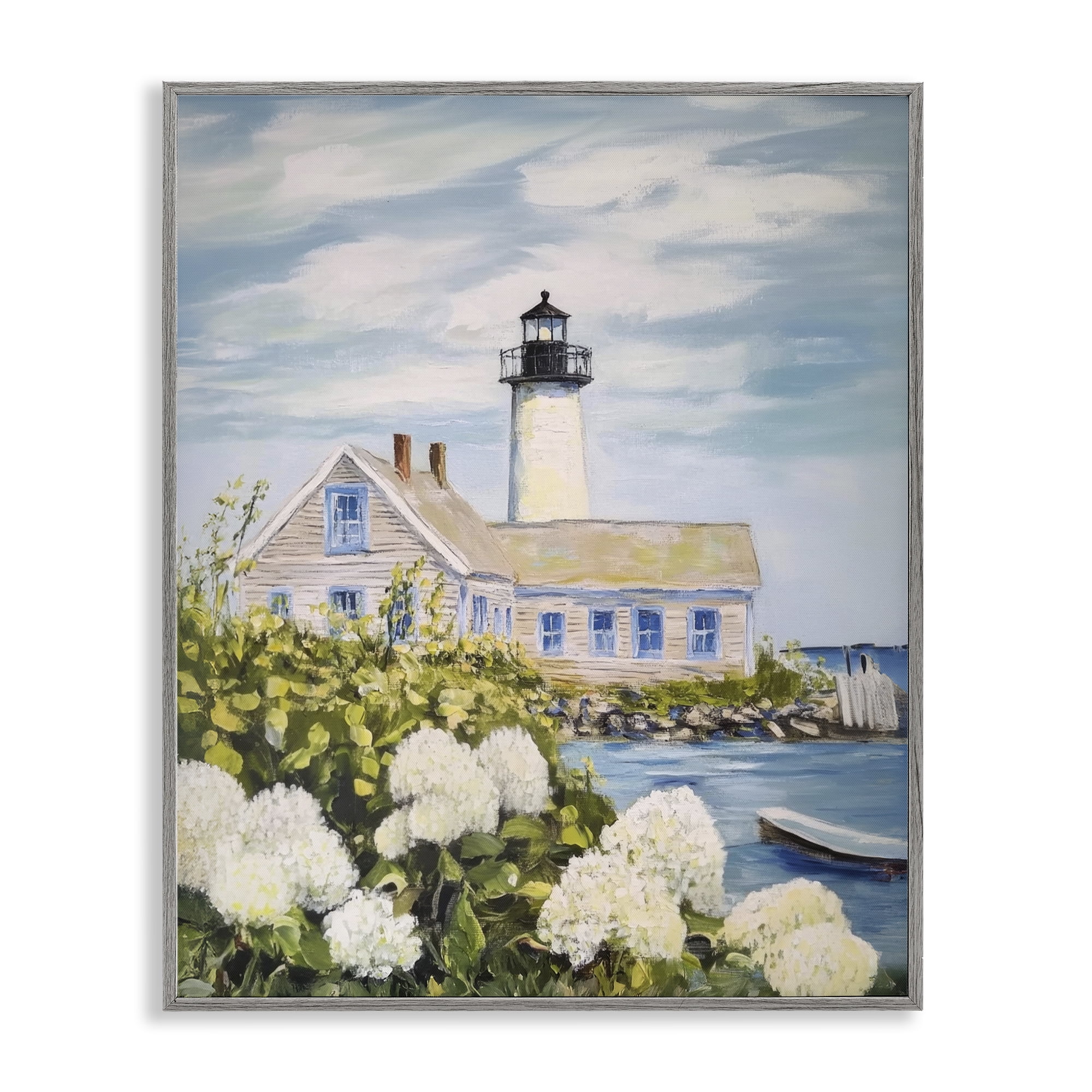 Stupell Industries Lighthouse Scenery with Hydrangeas Gray Framed Giclee Art, design by Sisi and Seb