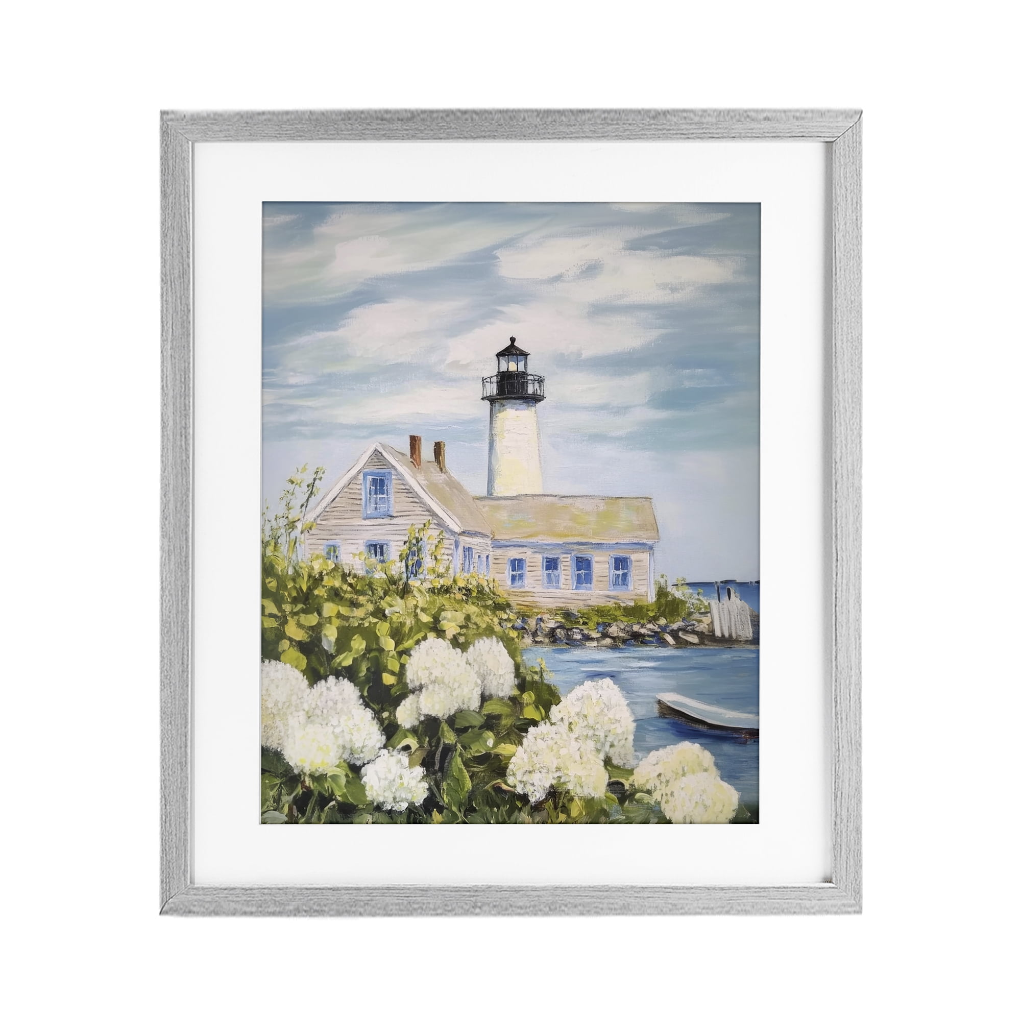 Stupell Industries Lighthouse Scenery with Hydrangeas Gray Framed Print Under Glass, design by Sisi and Seb