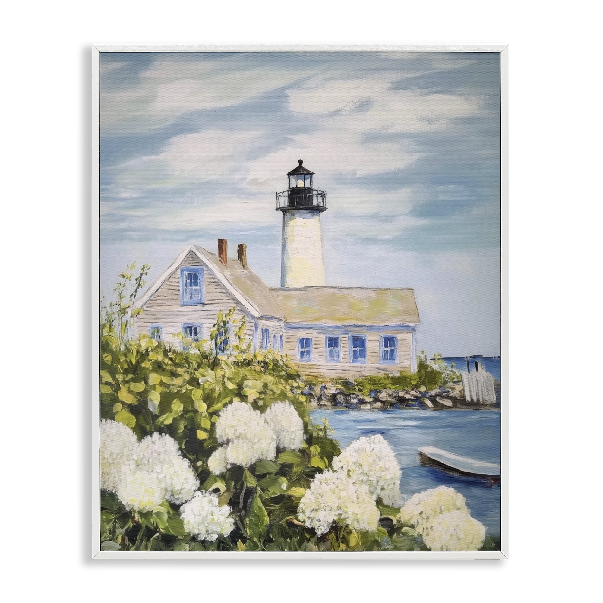 Stupell Industries Lighthouse Scenery with Hydrangeas White Framed Giclee Art, design by Sisi and Seb