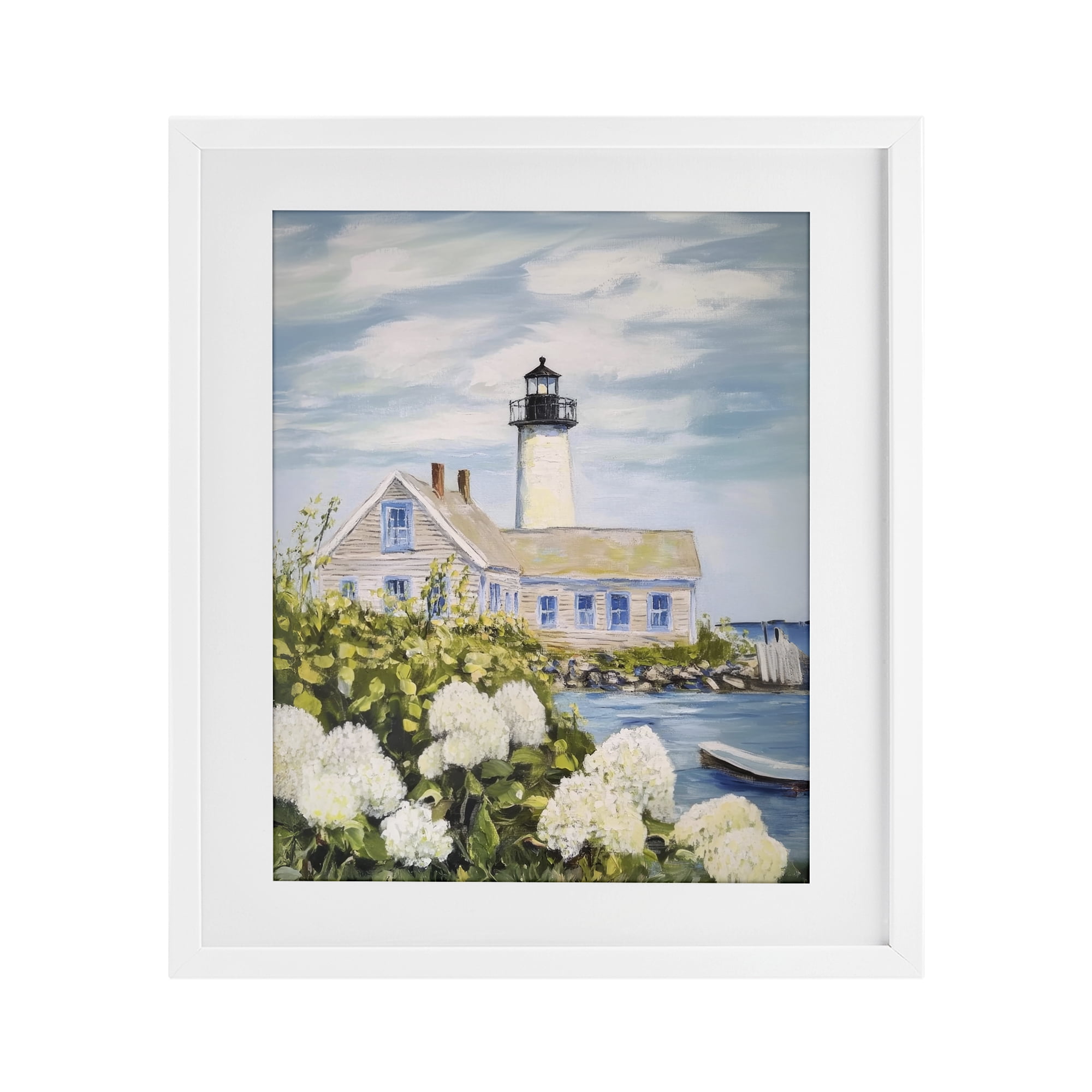 Stupell Industries Lighthouse Scenery with Hydrangeas White Framed Print Under Glass, design by Sisi and Seb